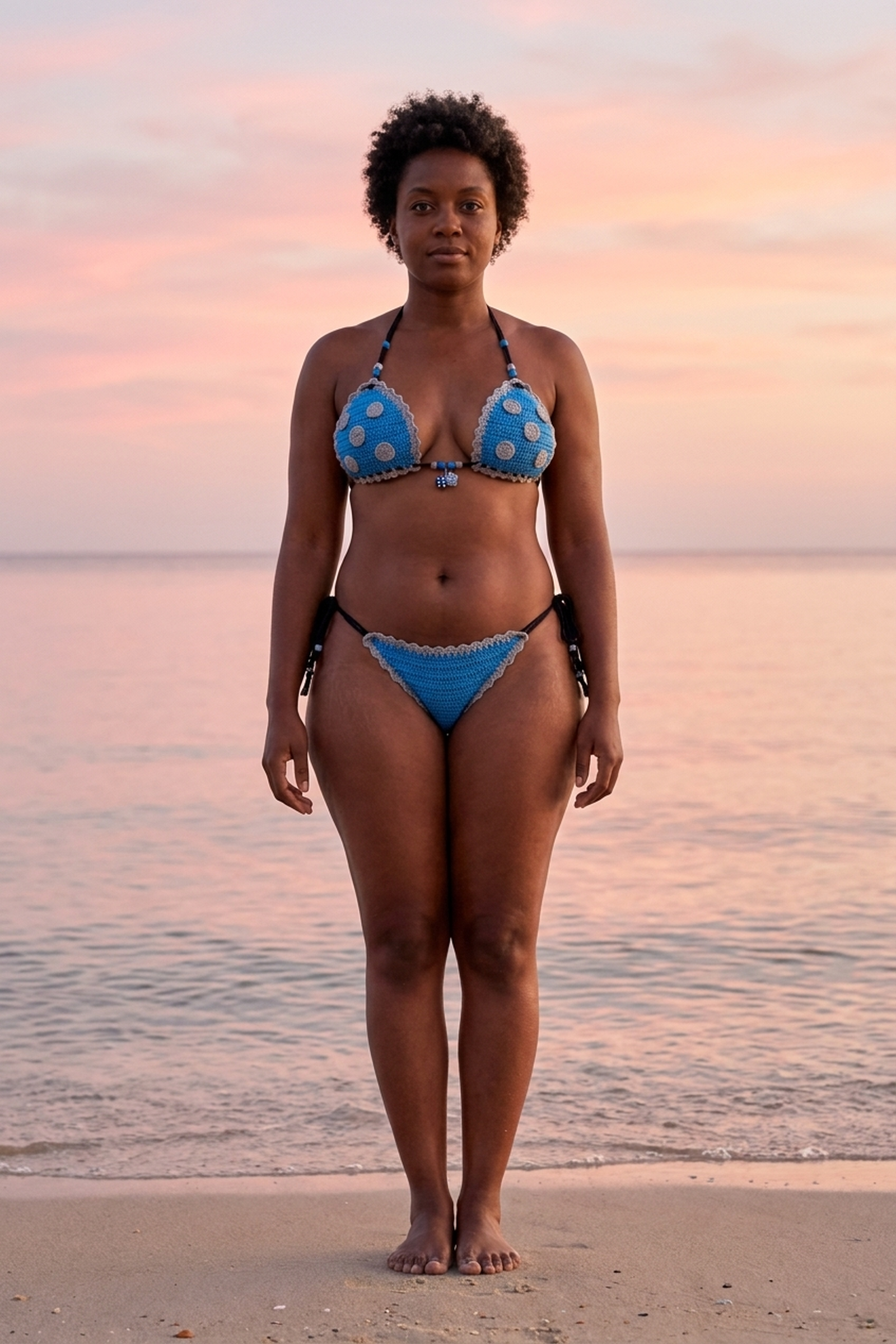 Count on Me crochet bikini on a curvy model, front view - RA LIVING, handmade in Switzerland