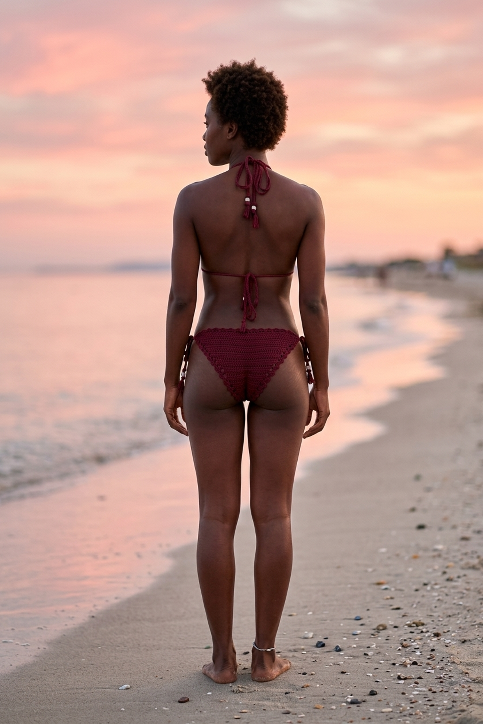 Golden Girl crochet bikini on model, back view - RA LIVING, handmade in Switzerland