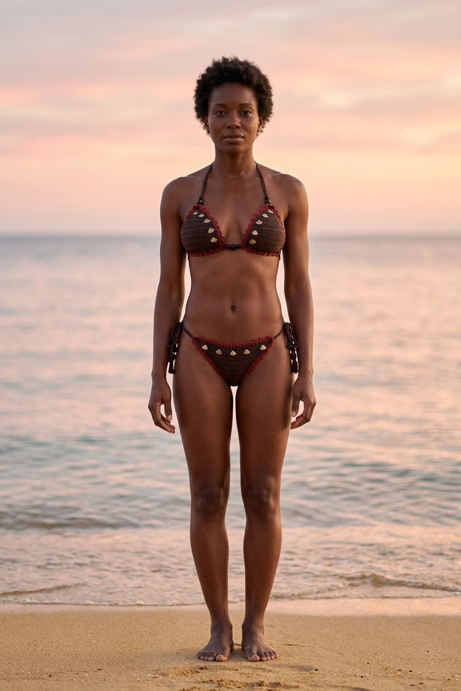 Golden Girl crochet bikini on model, front view - RA LIVING, handmade in Switzerland