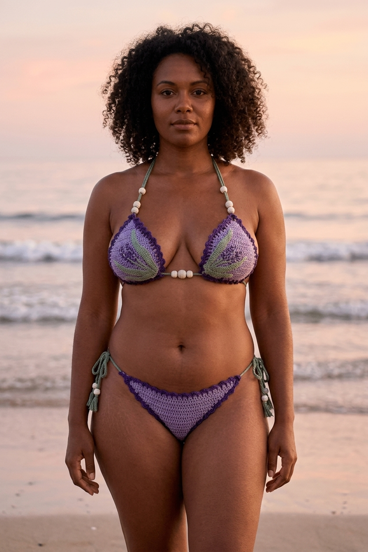 Lavender crochet bikini on a curvy model, front view - RA LIVING, handmade in Switzerland