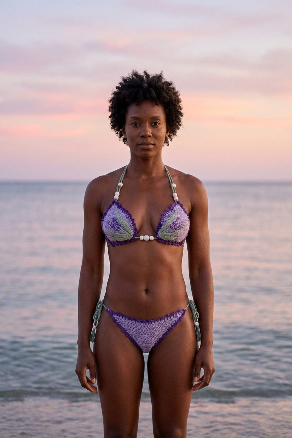 Lavender crochet bikini on model, front view - RA LIVING, handmade in Switzerland