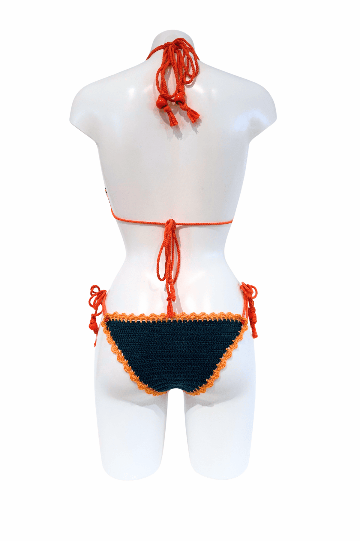 Orange Green luxury crochet bikini, designed and handmade in Switzerland by RA LIVING – exclusive designer beachwear and swimwear for a stylish summer look.