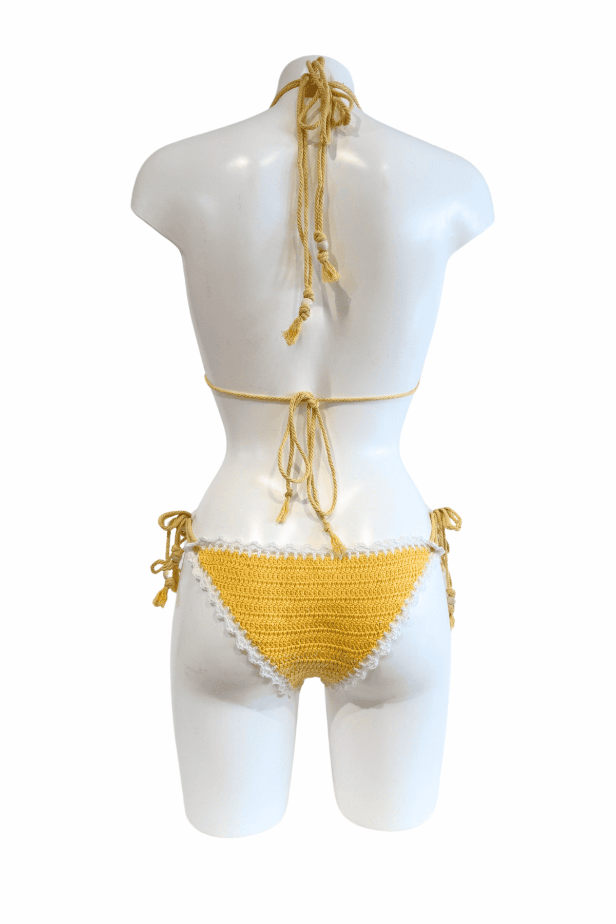 Classic Yellow luxury crochet bikini, designed and handmade in Switzerland by RA LIVING – exclusive designer beachwear and swimwear for a stylish summer look.