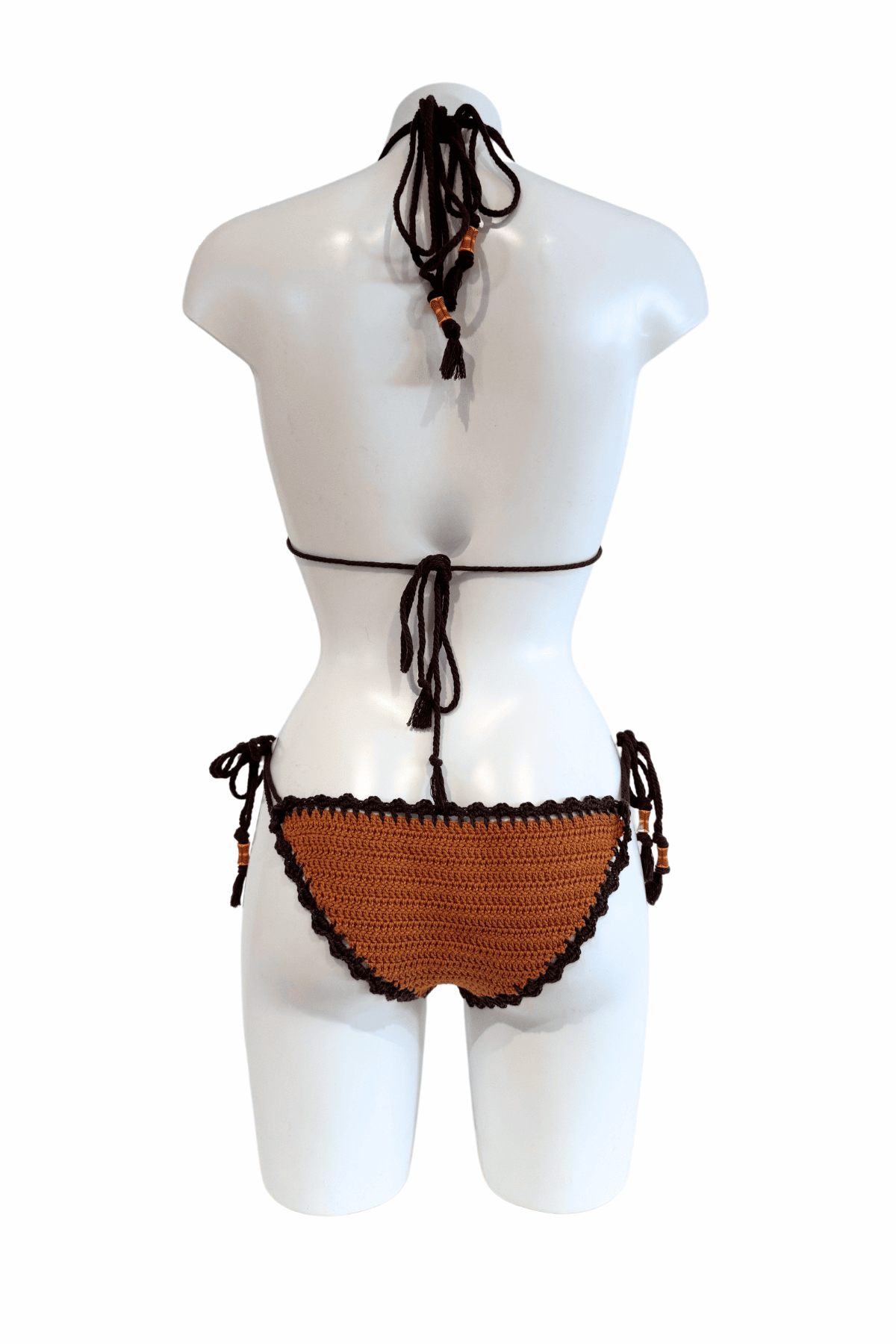 Classic Brown Orange luxury crochet bikini, designed and handmade in Switzerland by RA LIVING – exclusive designer beachwear and swimwear for a stylish summer look.