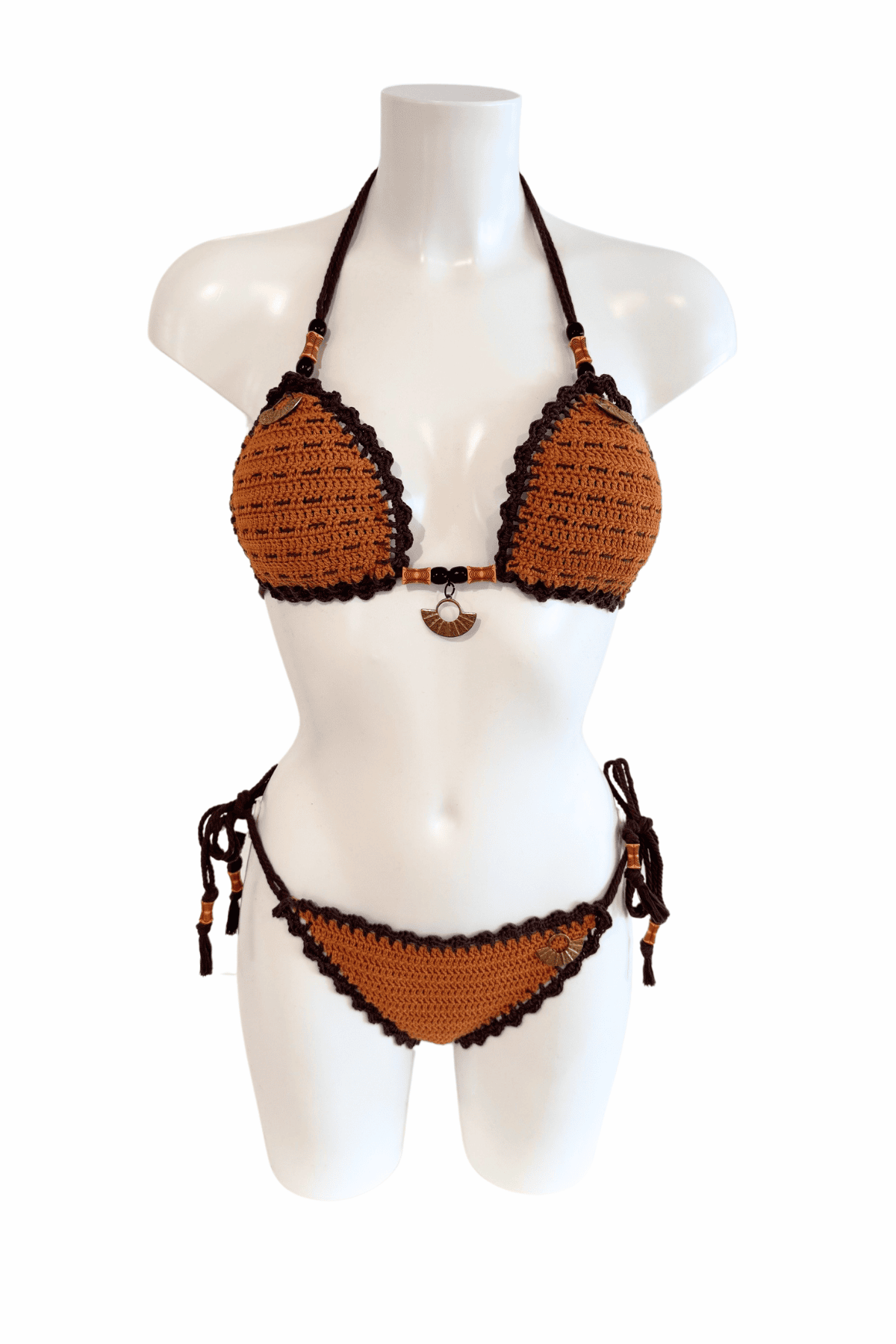 Classic Brown Orange luxury crochet bikini, designed and handmade in Switzerland by RA LIVING – exclusive designer beachwear and swimwear for a stylish summer look.
