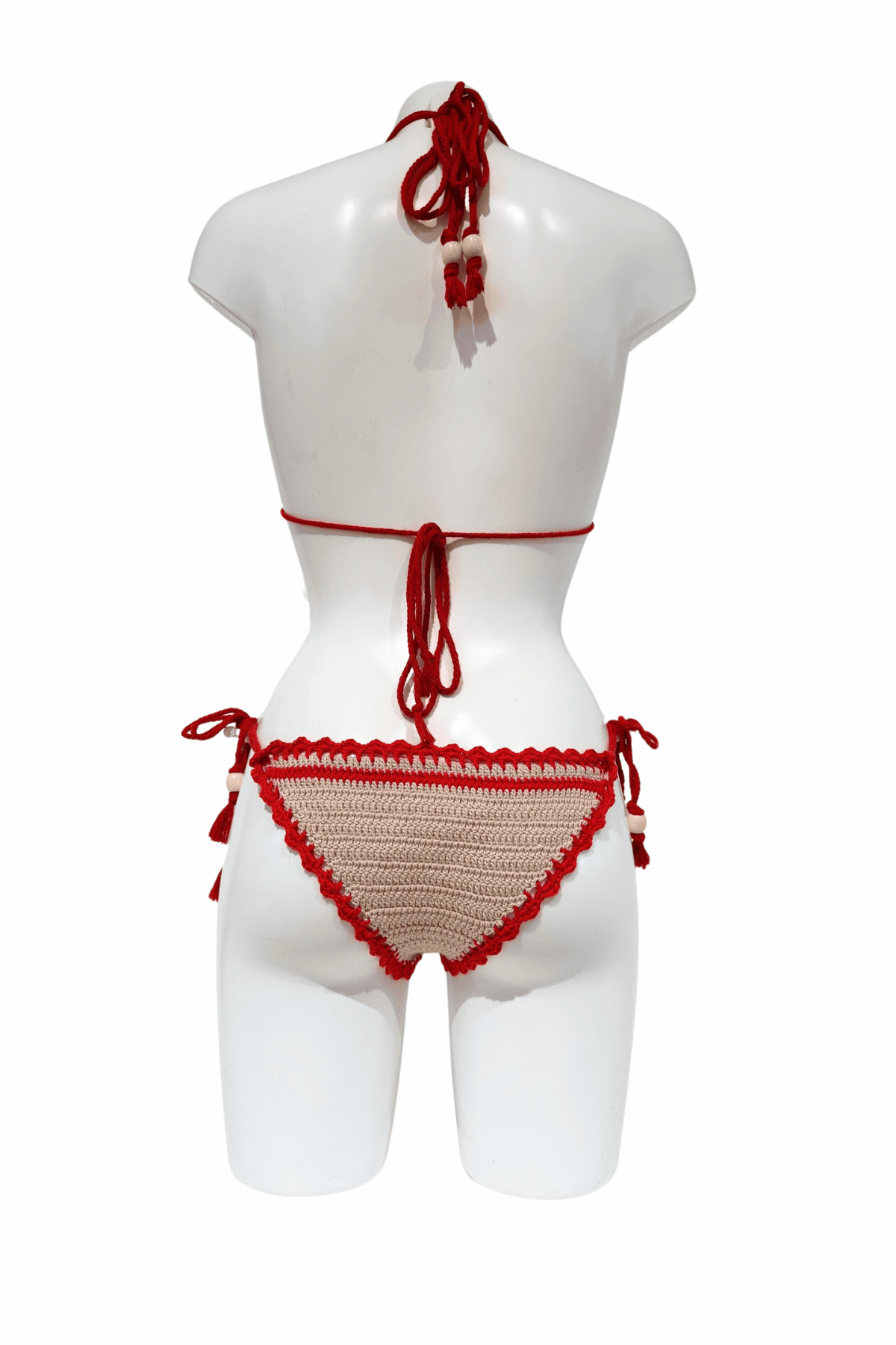 Beige Red Crab luxury crochet bikini, designed and handmade in Switzerland by RA LIVING – exclusive designer beachwear and swimwear for a stylish summer look.