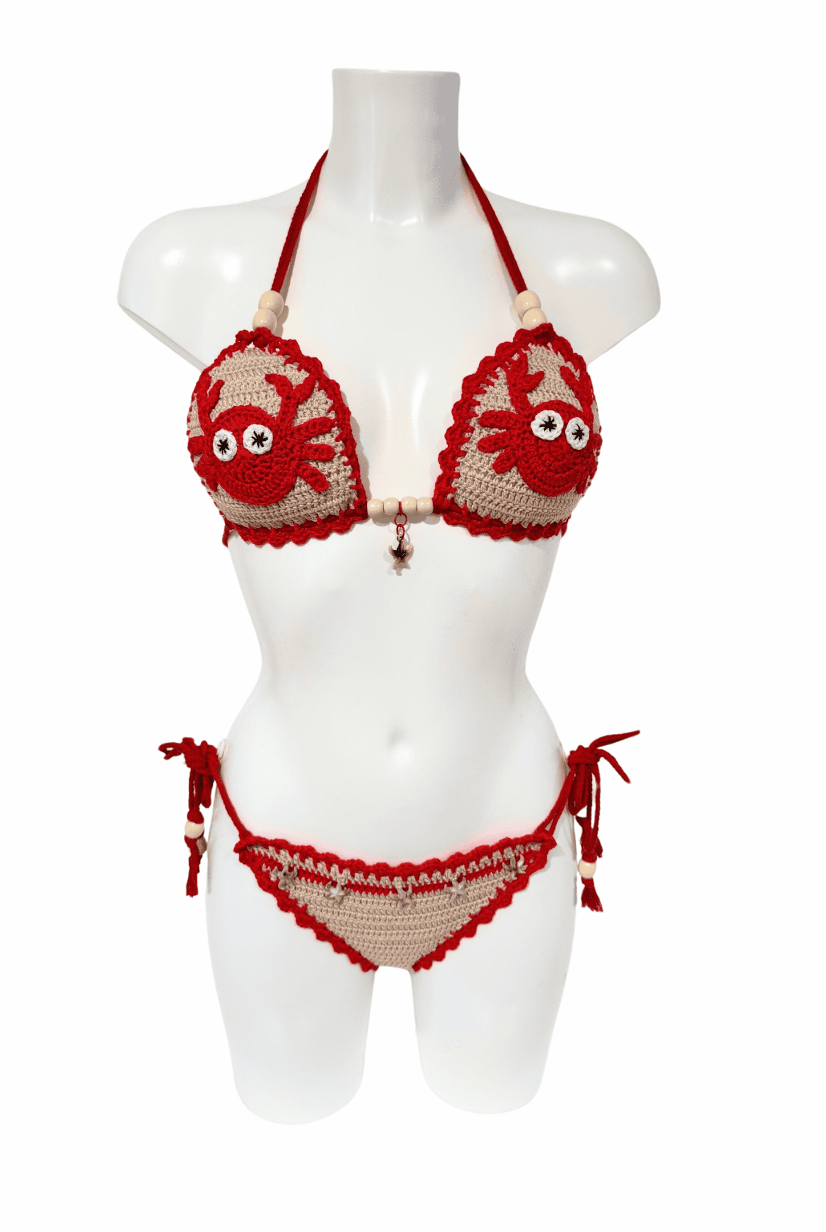 Beige Red Crab luxury crochet bikini, designed and handmade in Switzerland by RA LIVING – exclusive designer beachwear and swimwear for a stylish summer look.