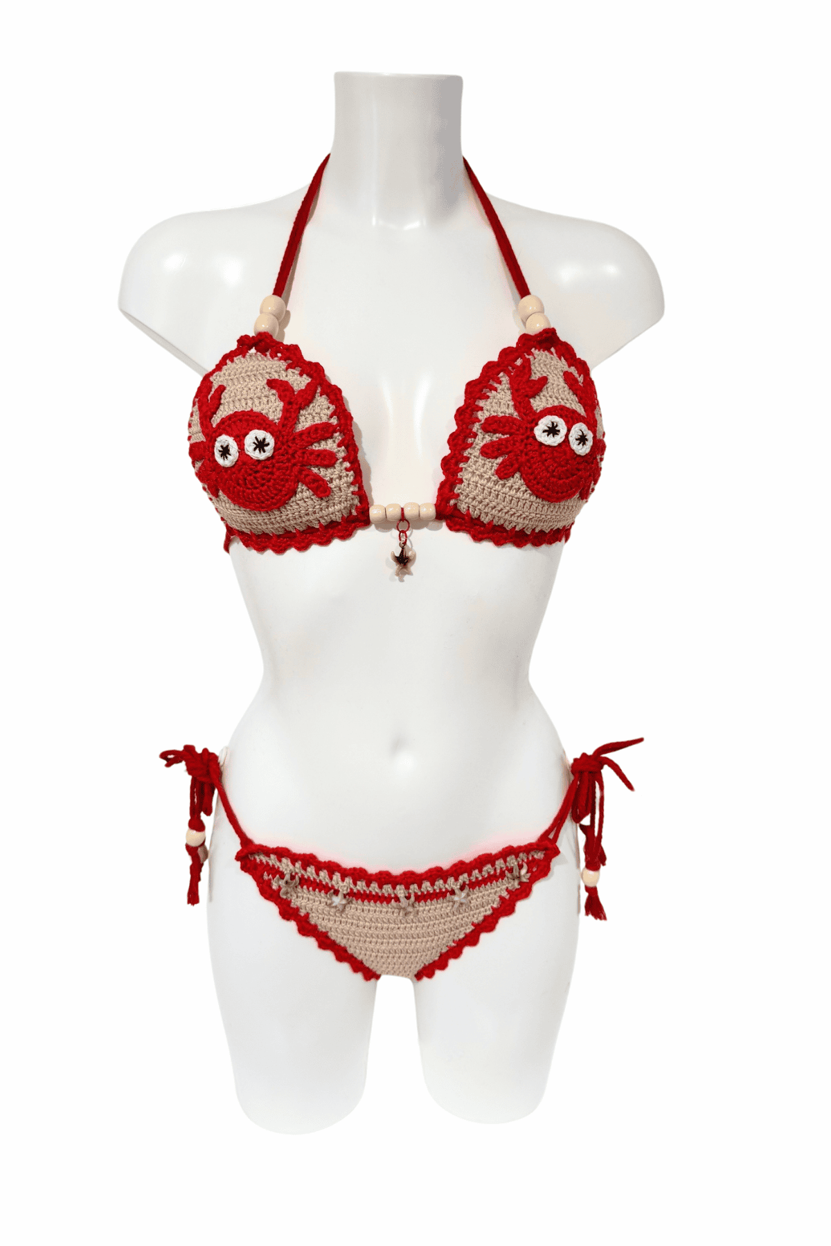 Beige Red Crab luxury crochet bikini, designed and handmade in Switzerland by RA LIVING – exclusive designer beachwear and swimwear for a stylish summer look.