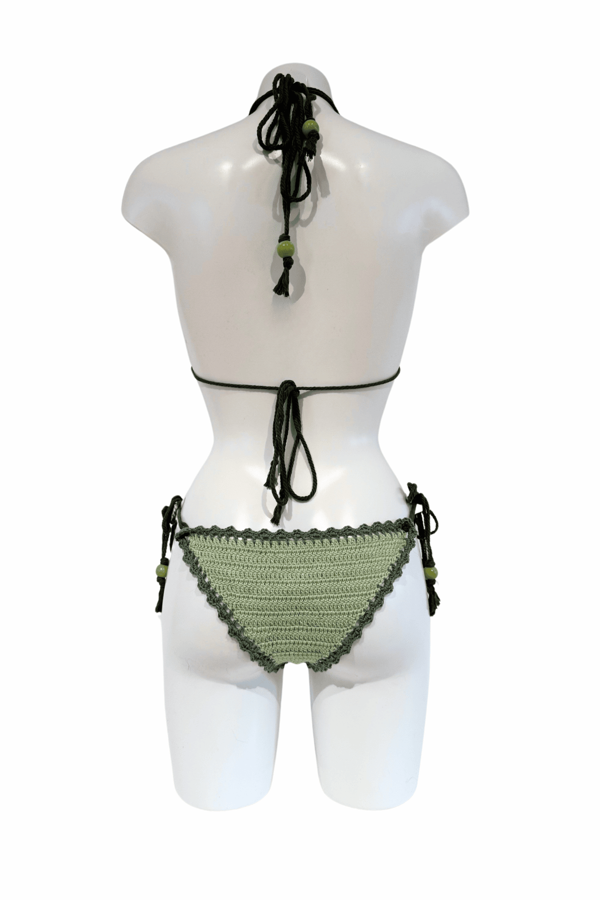 Classic Green luxury crochet bikini, designed and handmade in Switzerland by RA LIVING – exclusive designer beachwear and swimwear for a stylish summer look.