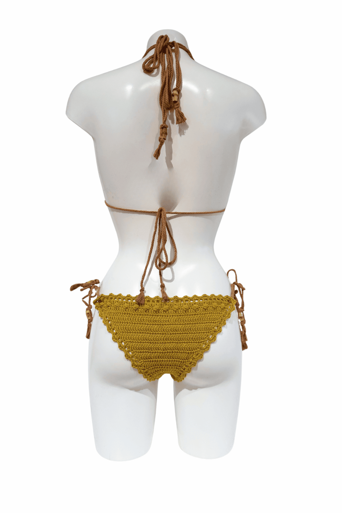 Classic Gold luxury crochet bikini, designed and handmade in Switzerland by RA LIVING – exclusive designer beachwear and swimwear for a stylish summer look.