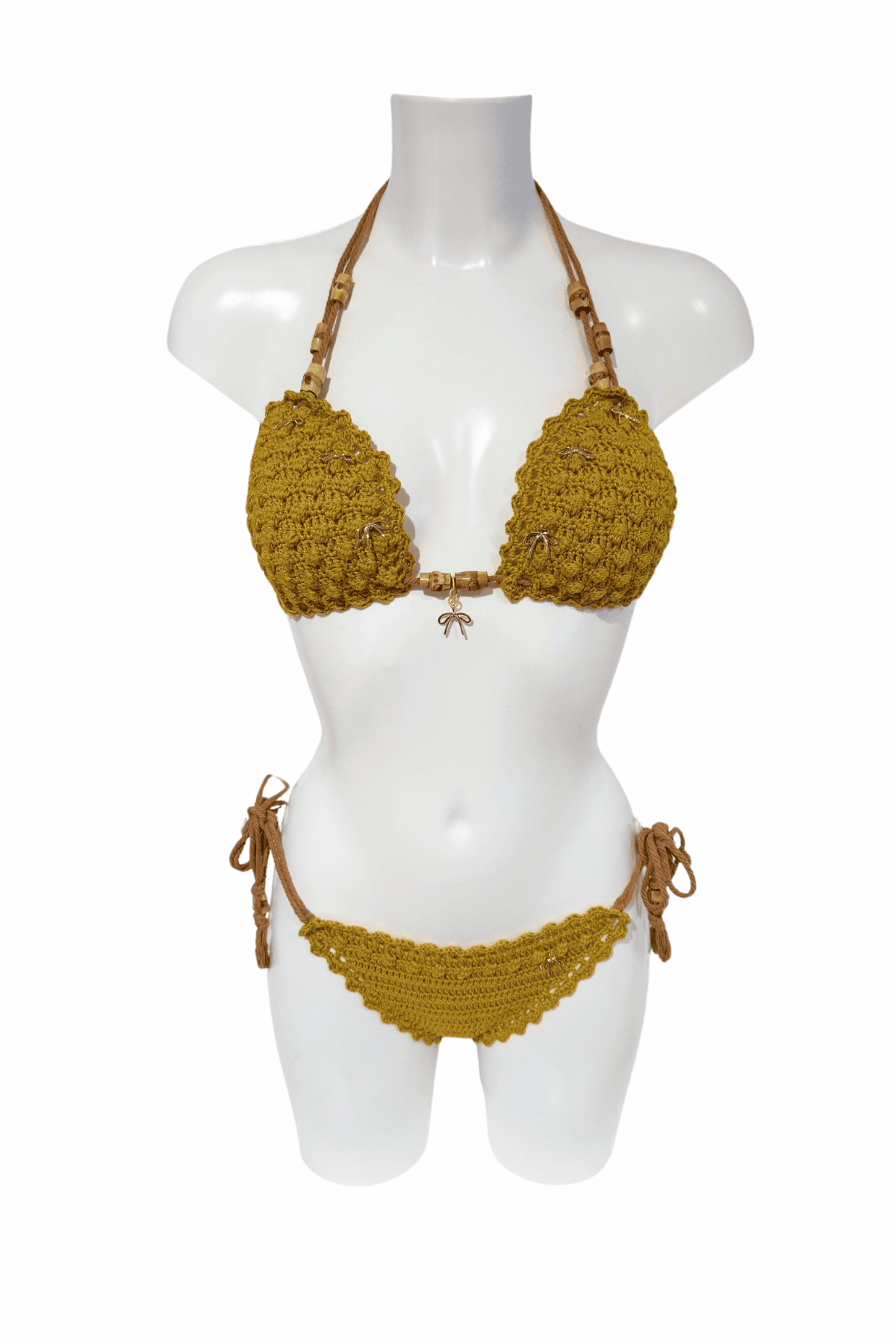 Classic Gold luxury crochet bikini, designed and handmade in Switzerland by RA LIVING – exclusive designer beachwear and swimwear for a stylish summer look.