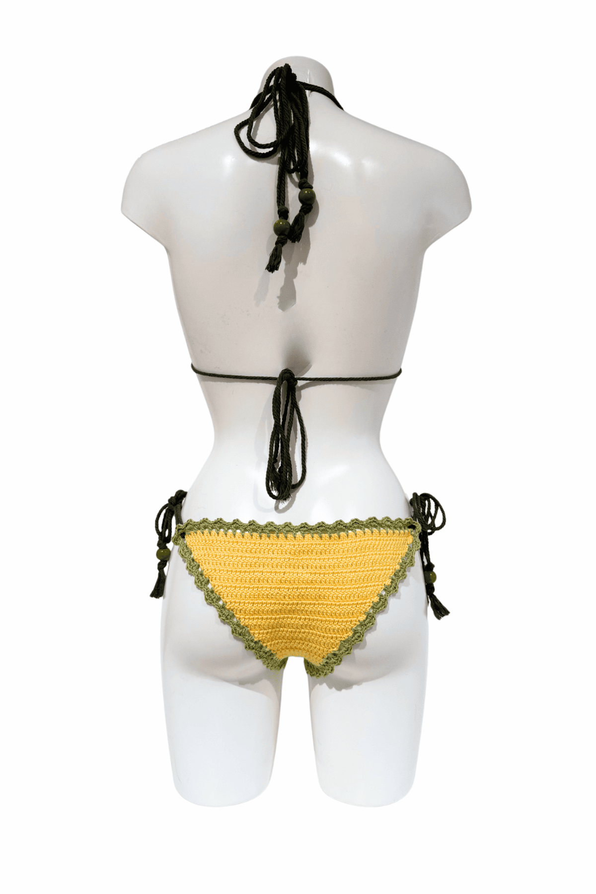 Green Yellow Iced Matcha luxury crochet bikini, designed and handmade in Switzerland by RA LIVING – exclusive designer beachwear and swimwear for a stylish summer look.