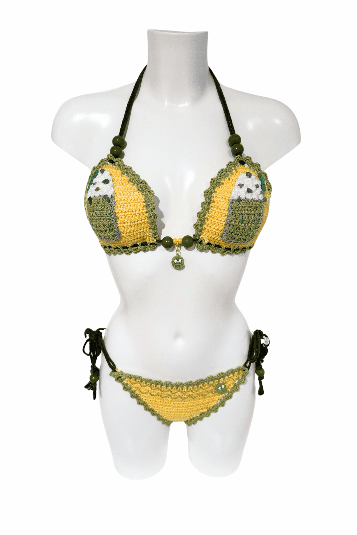Green Yellow Iced Matcha luxury crochet bikini, designed and handmade in Switzerland by RA LIVING – exclusive designer beachwear and swimwear for a stylish summer look.
