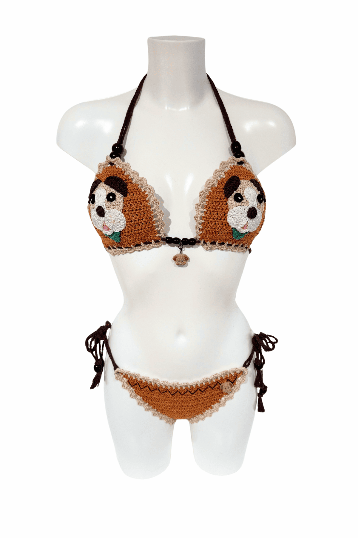 Brown dog luxury crochet bikini, designed and handmade in Switzerland by RA LIVING – exclusive designer beachwear and swimwear for a stylish summer look.