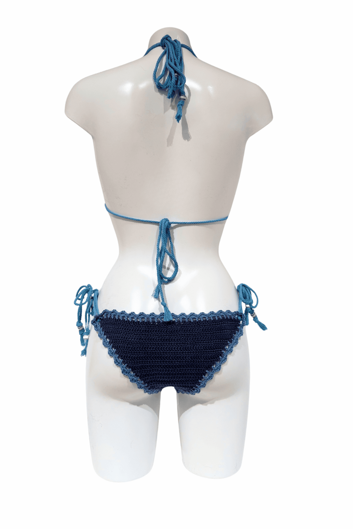 Blue shark luxury crochet bikini, designed and handmade in Switzerland by RA LIVING – exclusive designer beachwear and swimwear for a stylish summer look.