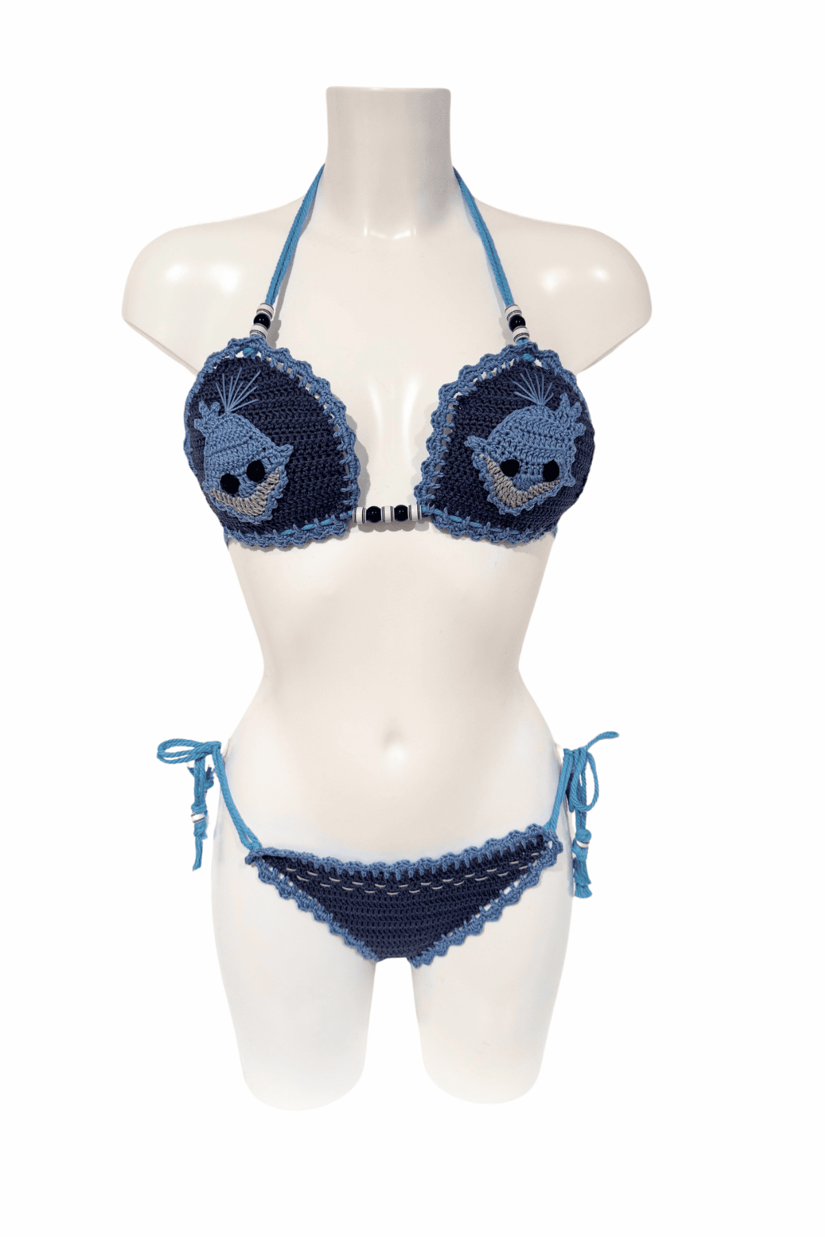 Blue shark luxury crochet bikini, designed and handmade in Switzerland by RA LIVING – exclusive designer beachwear and swimwear for a stylish summer look.