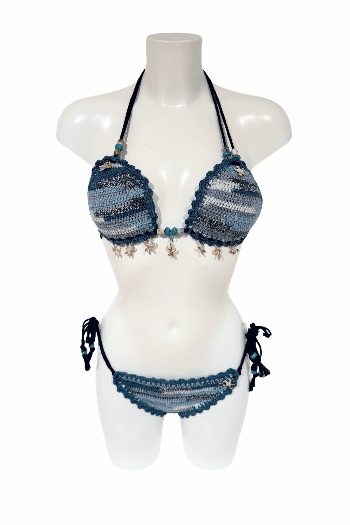 Blue Sea Star luxury crochet bikini, designed and handmade in Switzerland by RA LIVING – exclusive designer beachwear and swimwear for a stylish summer look.