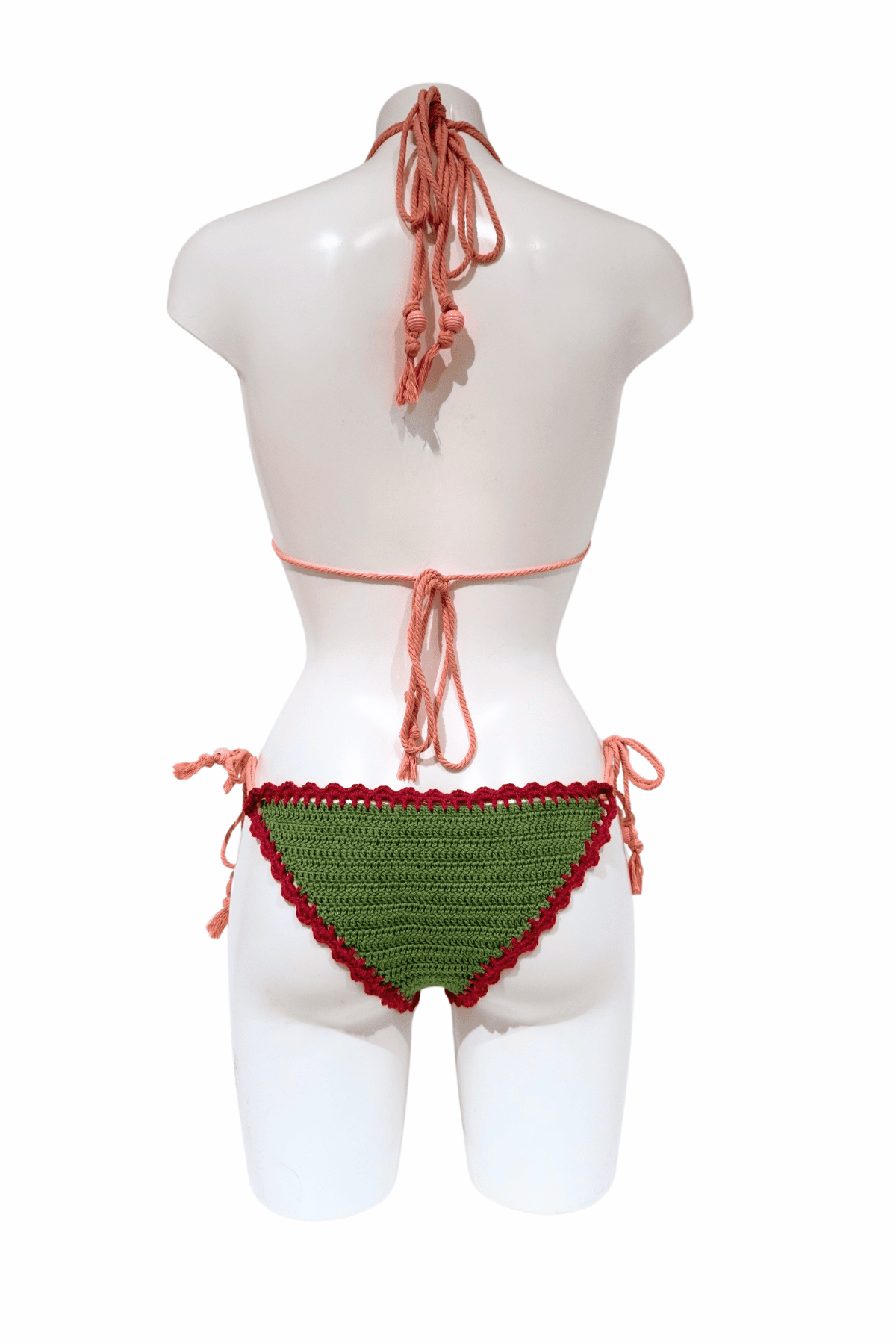 Green Pink Butterfly luxury crochet bikini, designed and handmade in Switzerland by RA LIVING – exclusive designer beachwear and swimwear for a stylish summer look.