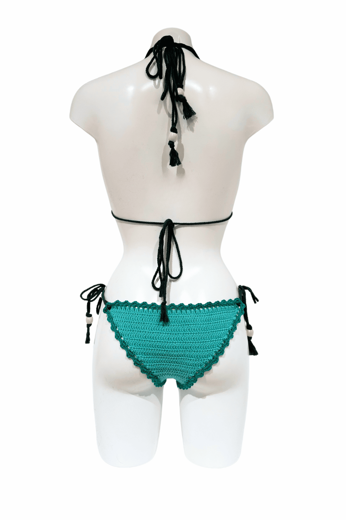 Blue Green luxury crochet bikini, designed and handmade in Switzerland by RA LIVING – exclusive designer beachwear and swimwear for a stylish summer look.