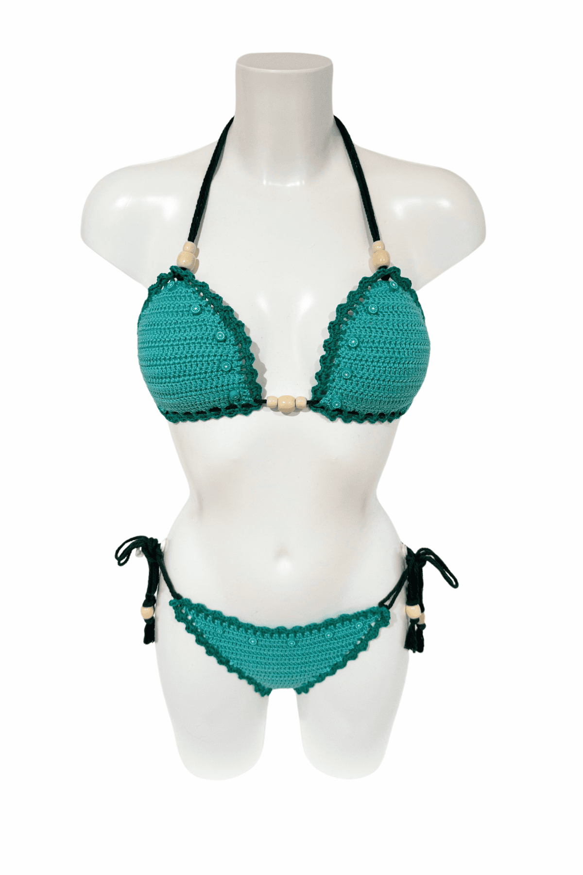 Blue Green luxury crochet bikini, designed and handmade in Switzerland by RA LIVING – exclusive designer beachwear and swimwear for a stylish summer look.