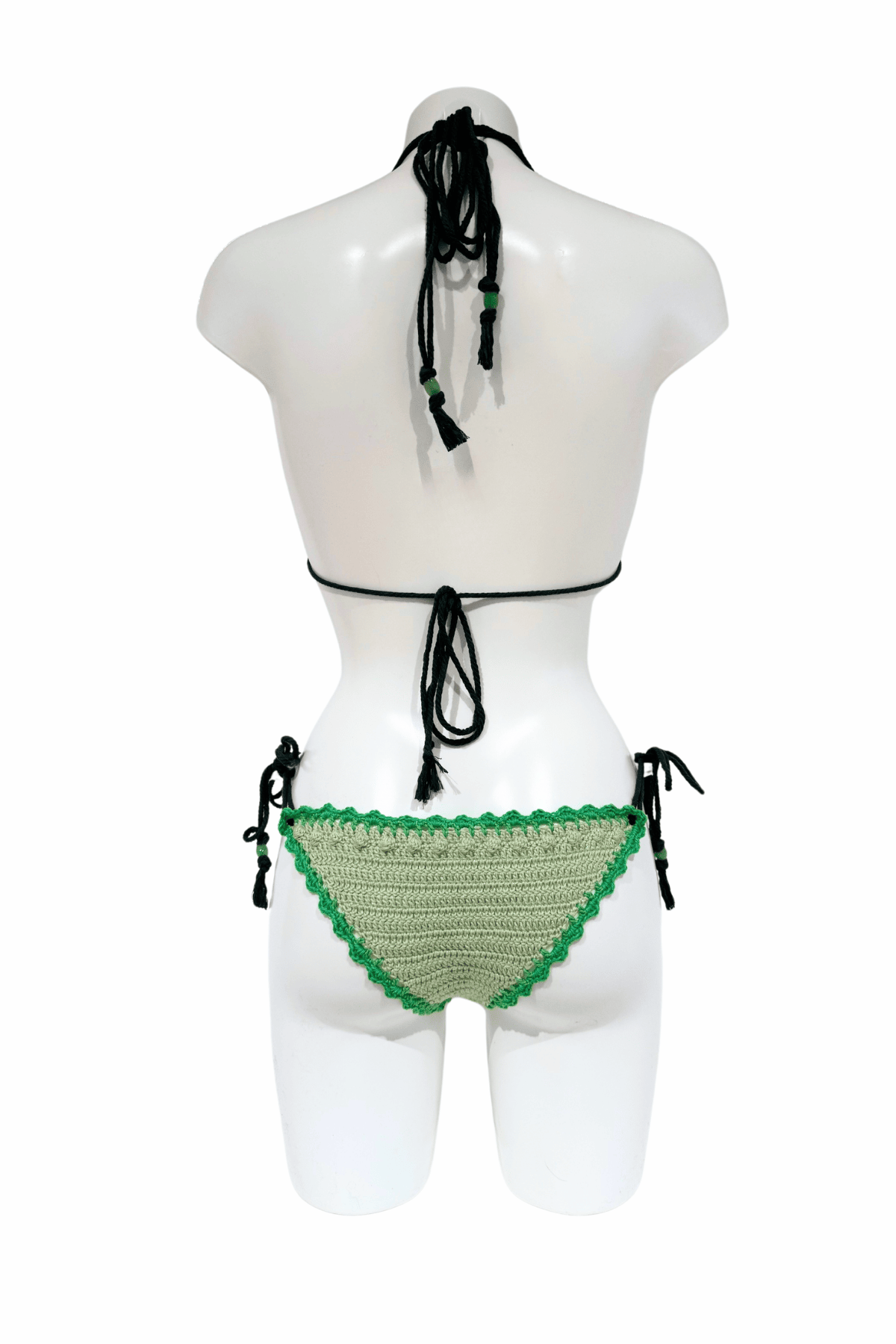 Green luxury crochet bikini, designed and handmade in Switzerland by RA LIVING – exclusive designer beachwear and swimwear for a stylish summer look.