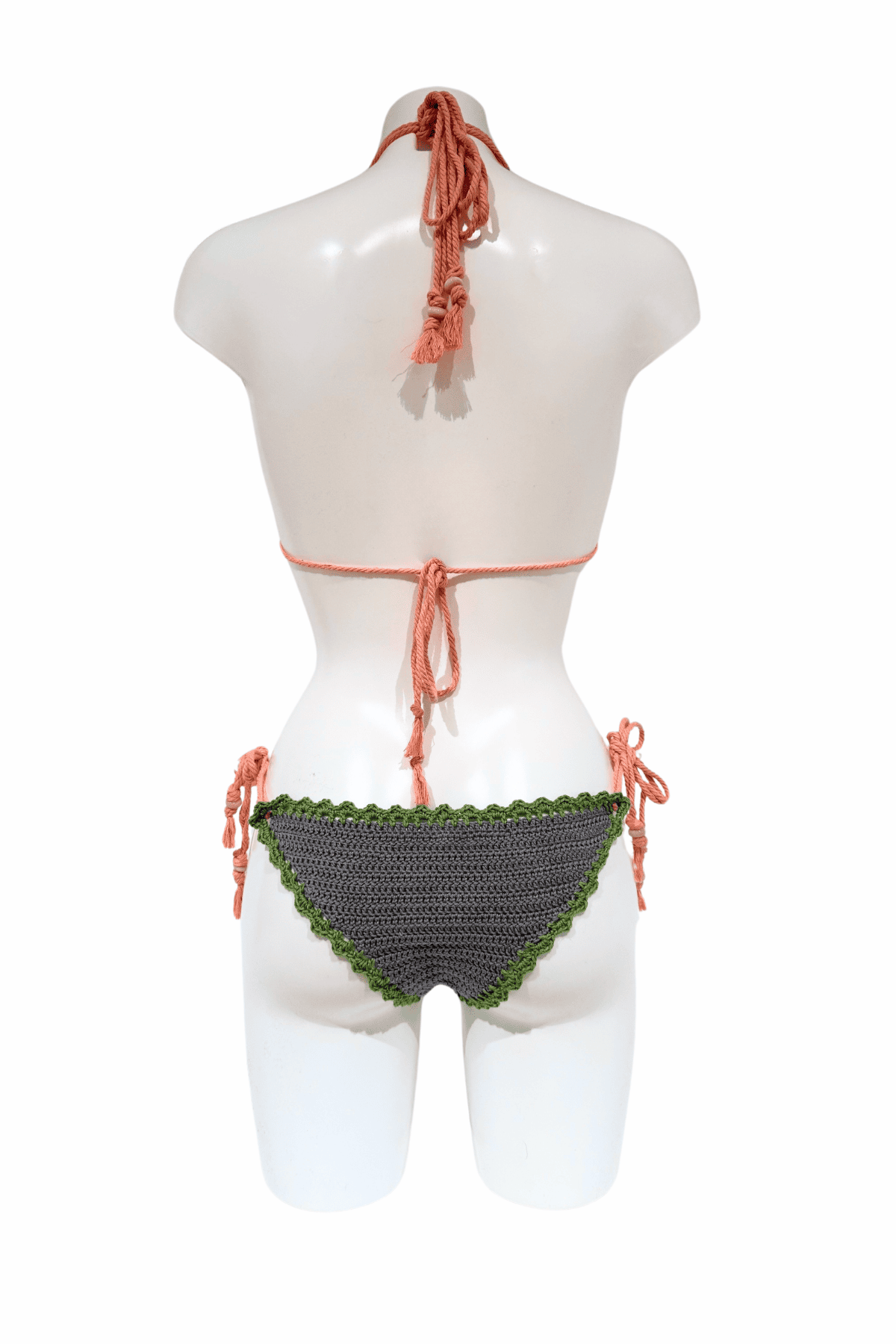 Grey Green Cactus luxury crochet bikini, designed and handmade in Switzerland by RA LIVING – exclusive designer beachwear and swimwear for a stylish summer look.