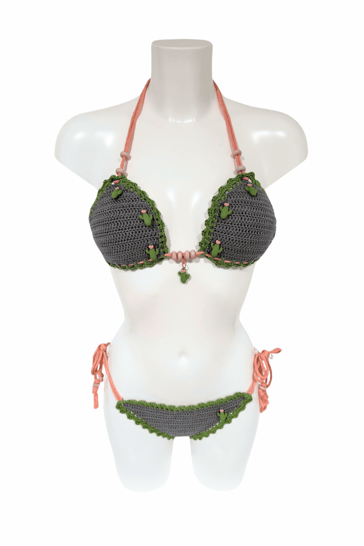 Grey Green Cactus luxury crochet bikini, designed and handmade in Switzerland by RA LIVING – exclusive designer beachwear and swimwear for a stylish summer look.