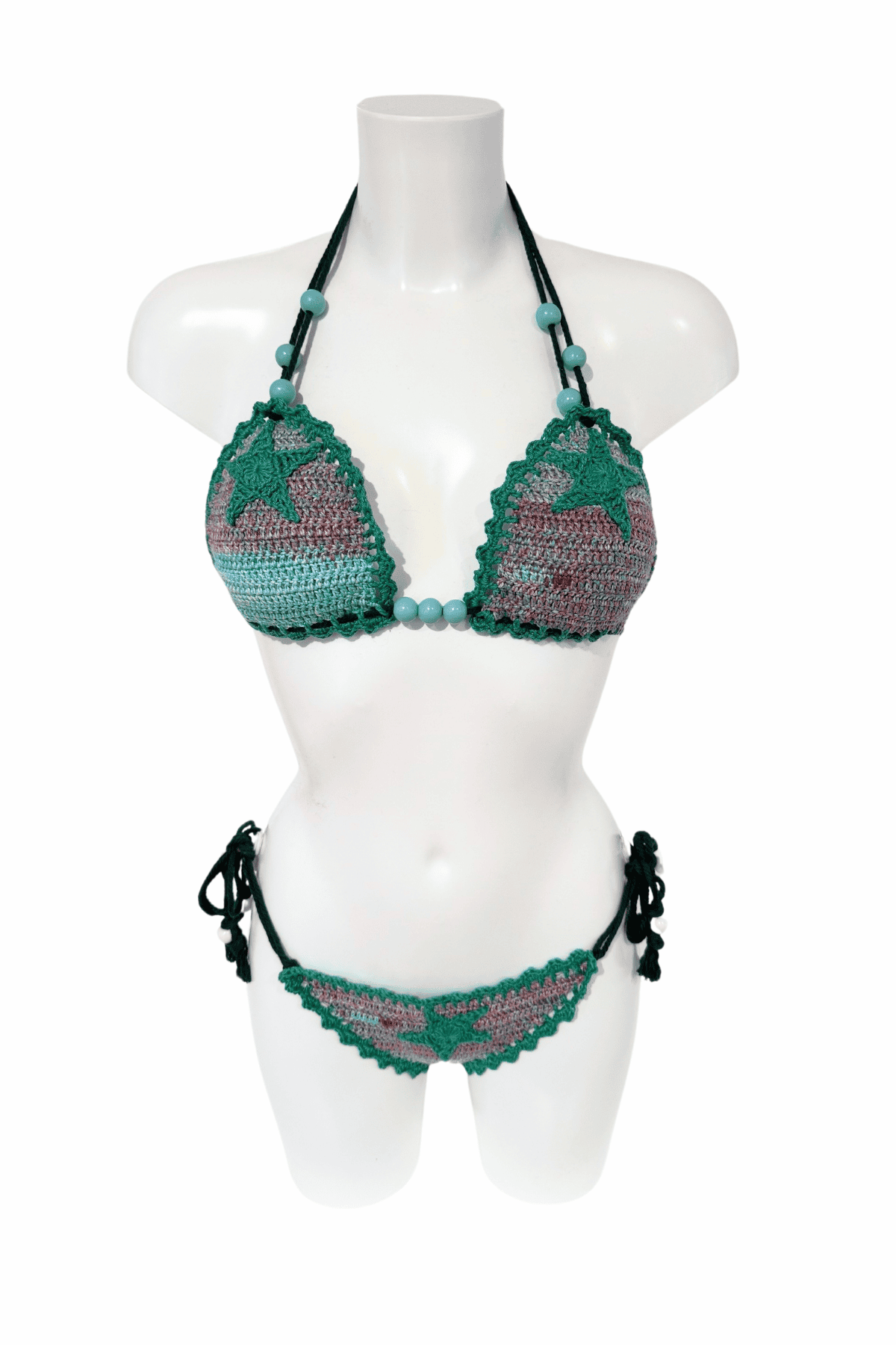 Mint Sea Star luxury crochet bikini, designed and handmade in Switzerland by RA LIVING – exclusive designer beachwear and swimwear for a stylish summer look.