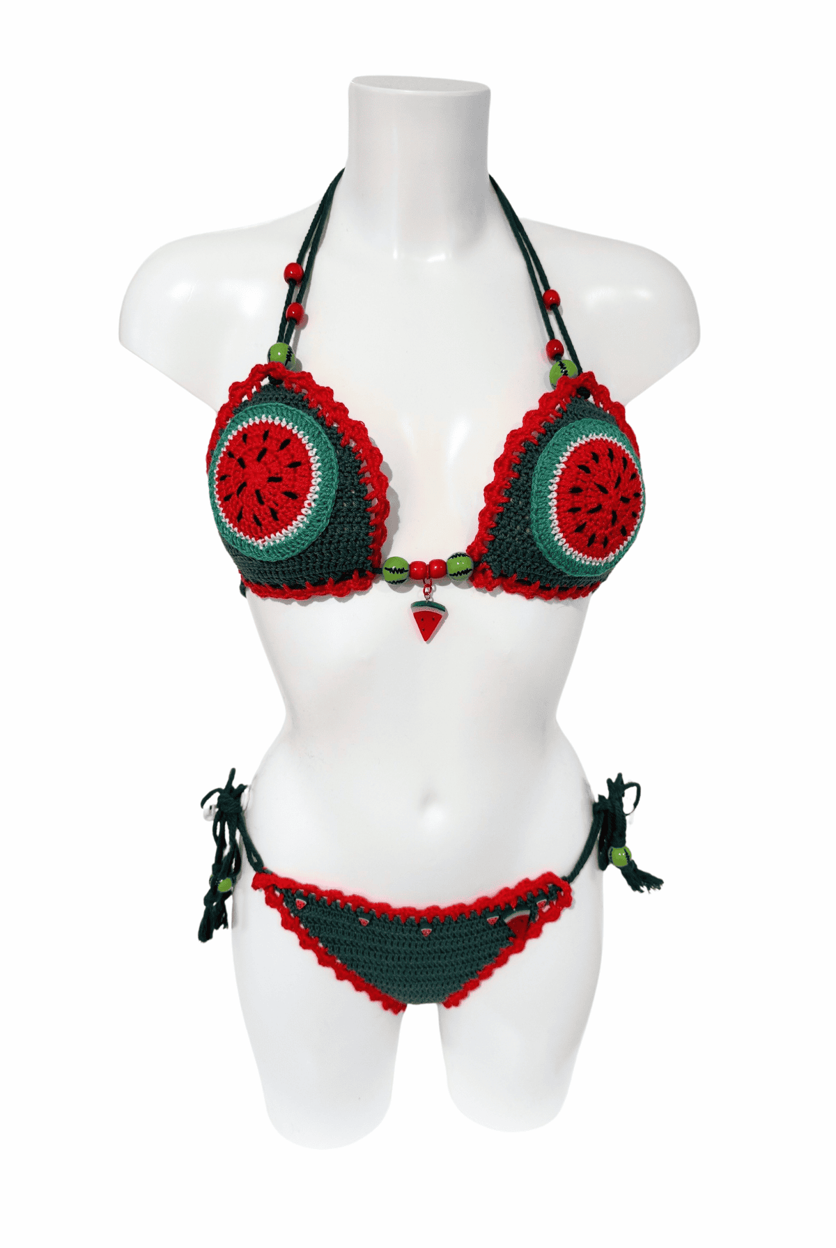 Watermelon luxury crochet bikini, designed and handmade in Switzerland by RA LIVING – exclusive designer beachwear and swimwear for a stylish summer look.