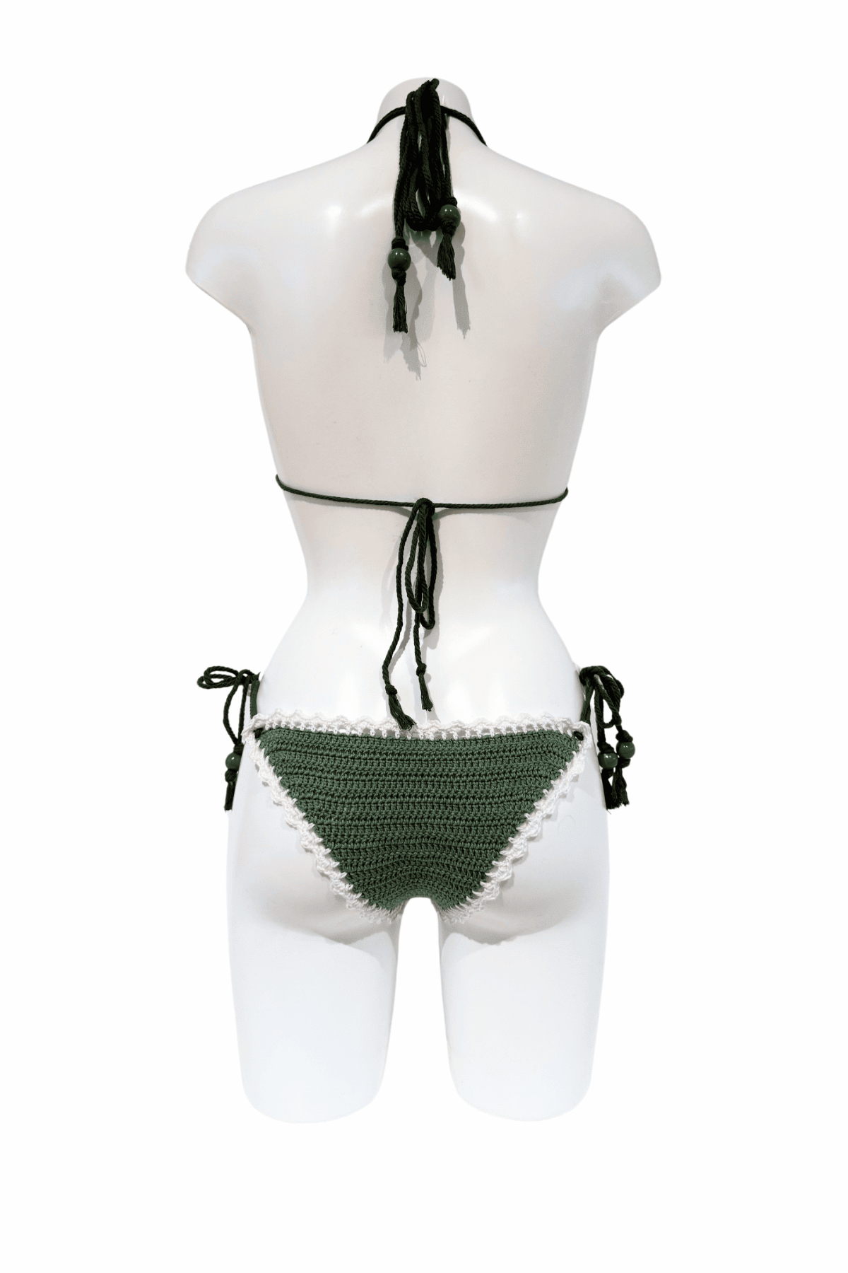 Green Grey Dog luxury crochet bikini, designed and handmade in Switzerland by RA LIVING – exclusive designer beachwear and swimwear for a stylish summer look.