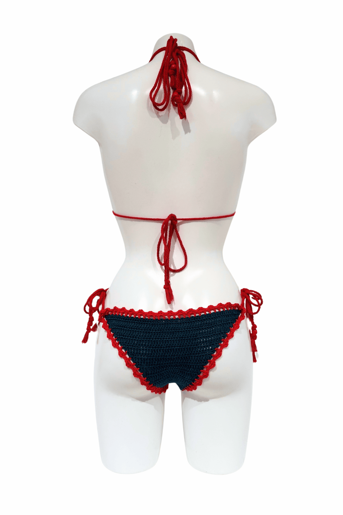 Green Red Strawberry luxury crochet bikini, designed and handmade in Switzerland by RA LIVING – exclusive designer beachwear and swimwear for a stylish summer look.