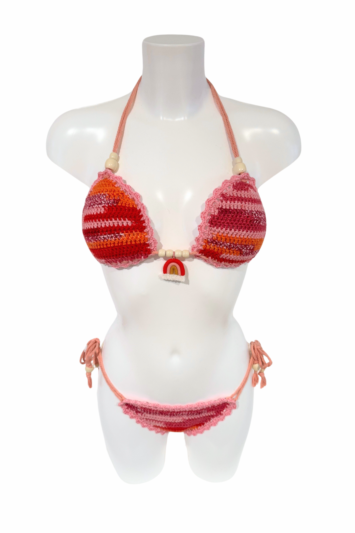 Pink Rainbow luxury crochet bikini, designed and handmade in Switzerland by RA LIVING – exclusive designer beachwear and swimwear for a stylish summer look.