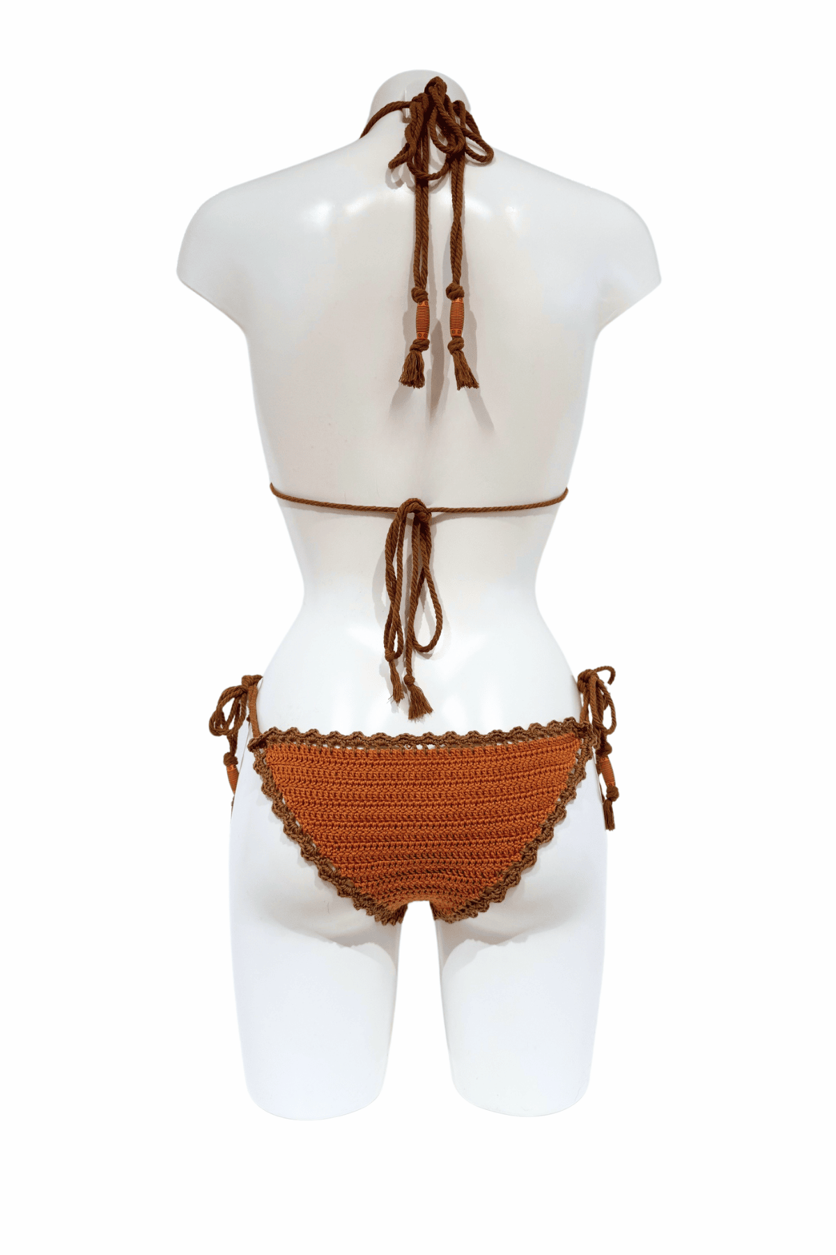 Classic Brown luxury crochet bikini, designed and handmade in Switzerland by RA LIVING – exclusive designer beachwear and swimwear for a stylish summer look.
