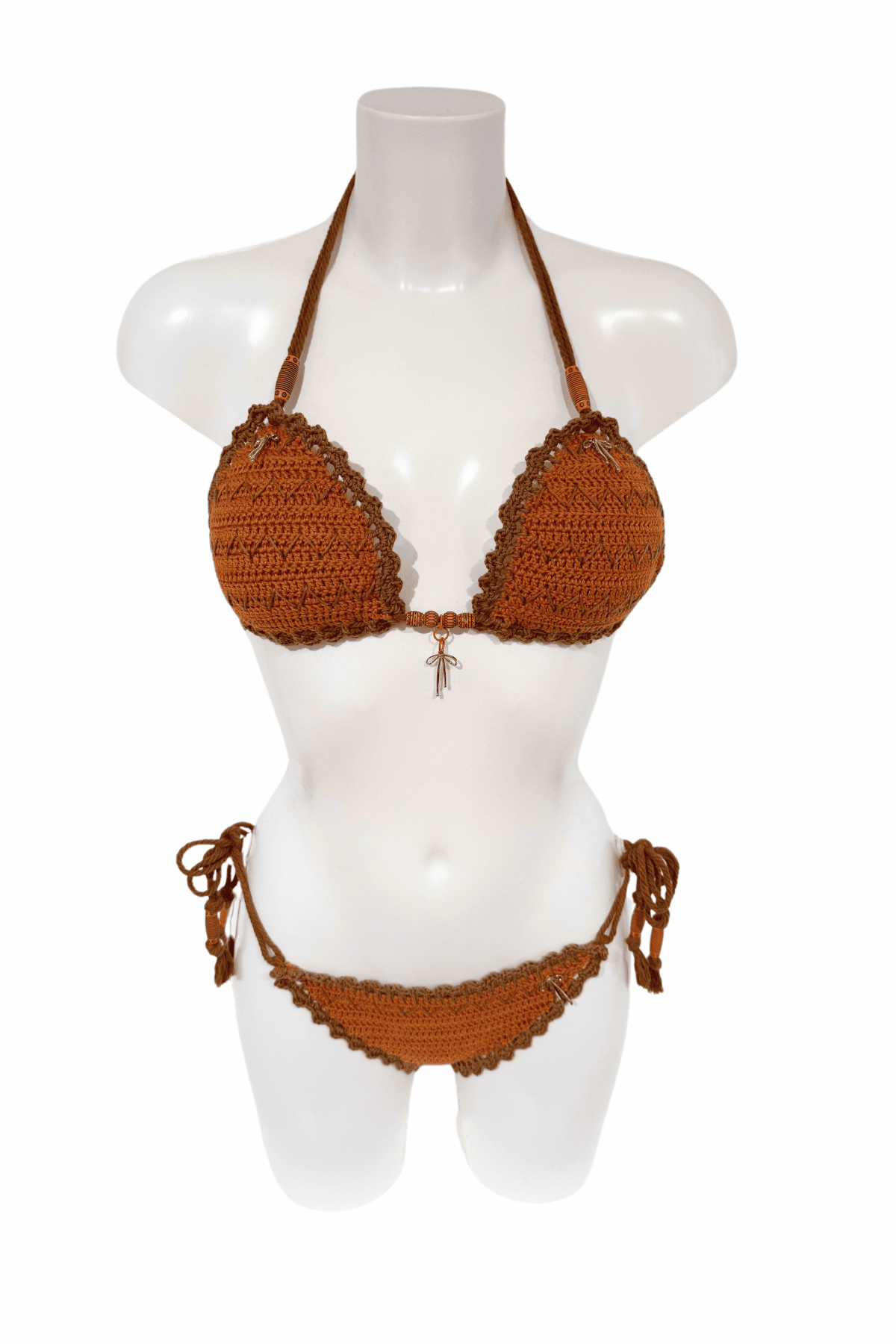 Classic Brown luxury crochet bikini, designed and handmade in Switzerland by RA LIVING – exclusive designer beachwear and swimwear for a stylish summer look.