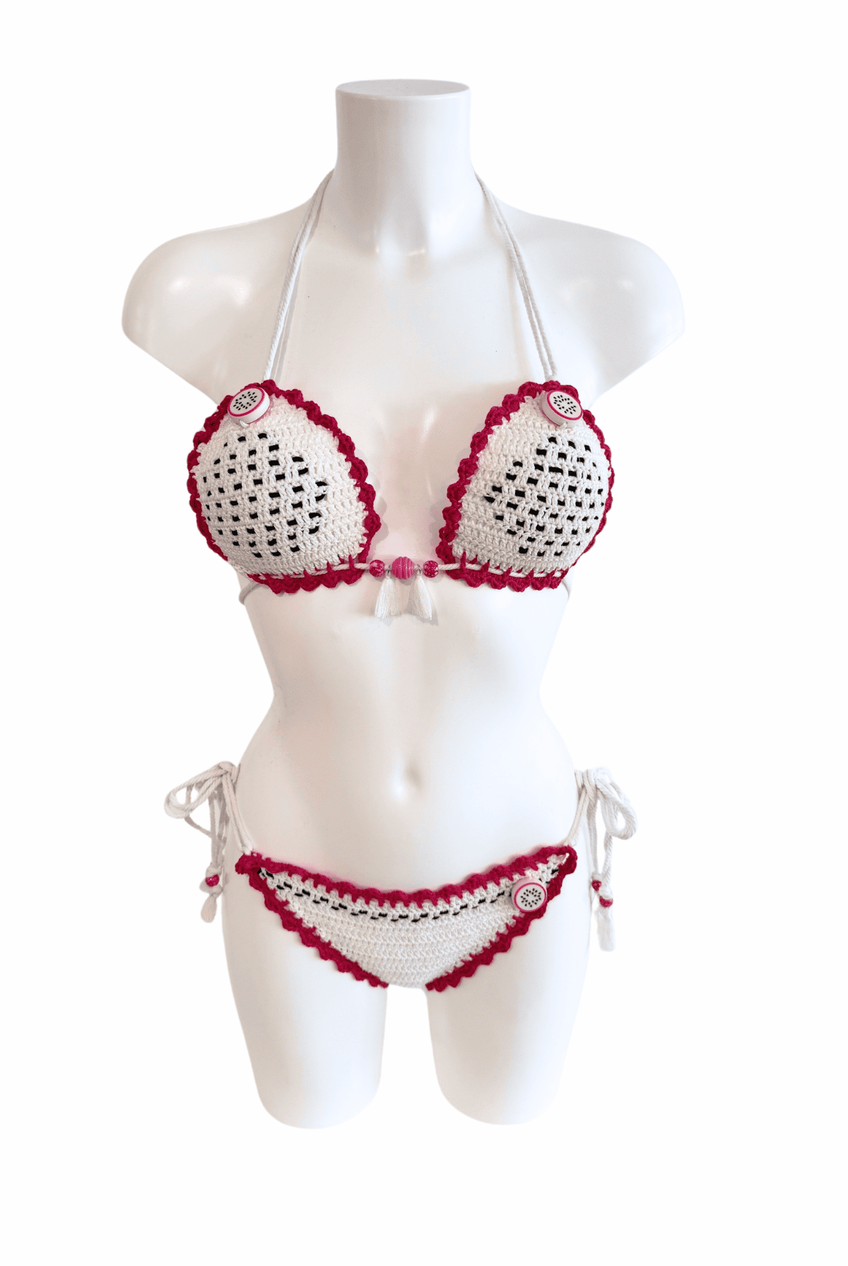 Dragon Fruit luxury crochet bikini, designed and handmade in Switzerland by RA LIVING – exclusive designer beachwear and swimwear for a stylish summer look.