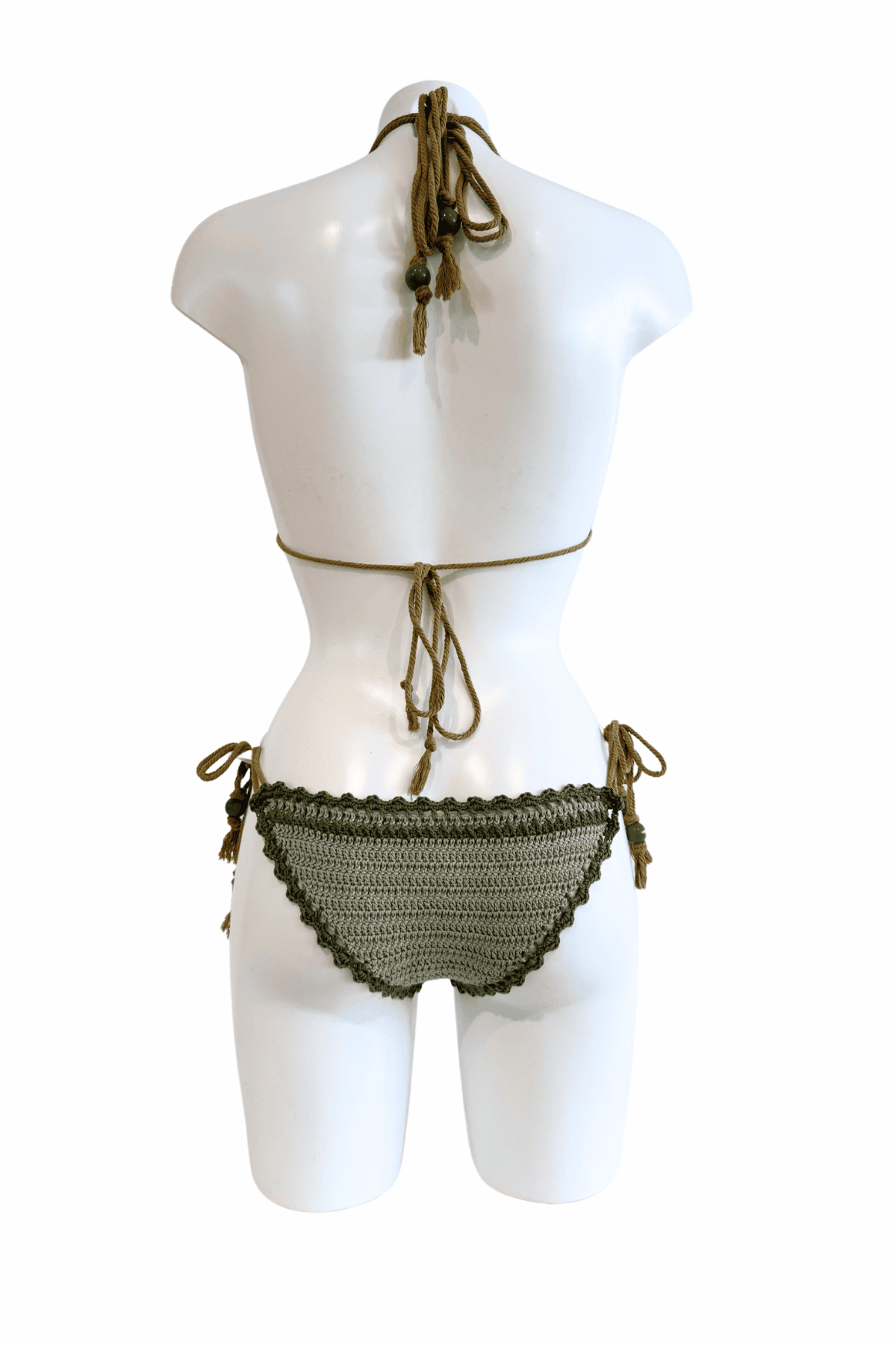 Green Striped luxury crochet bikini, designed and handmade in Switzerland by RA LIVING – exclusive designer beachwear and swimwear for a stylish summer look.