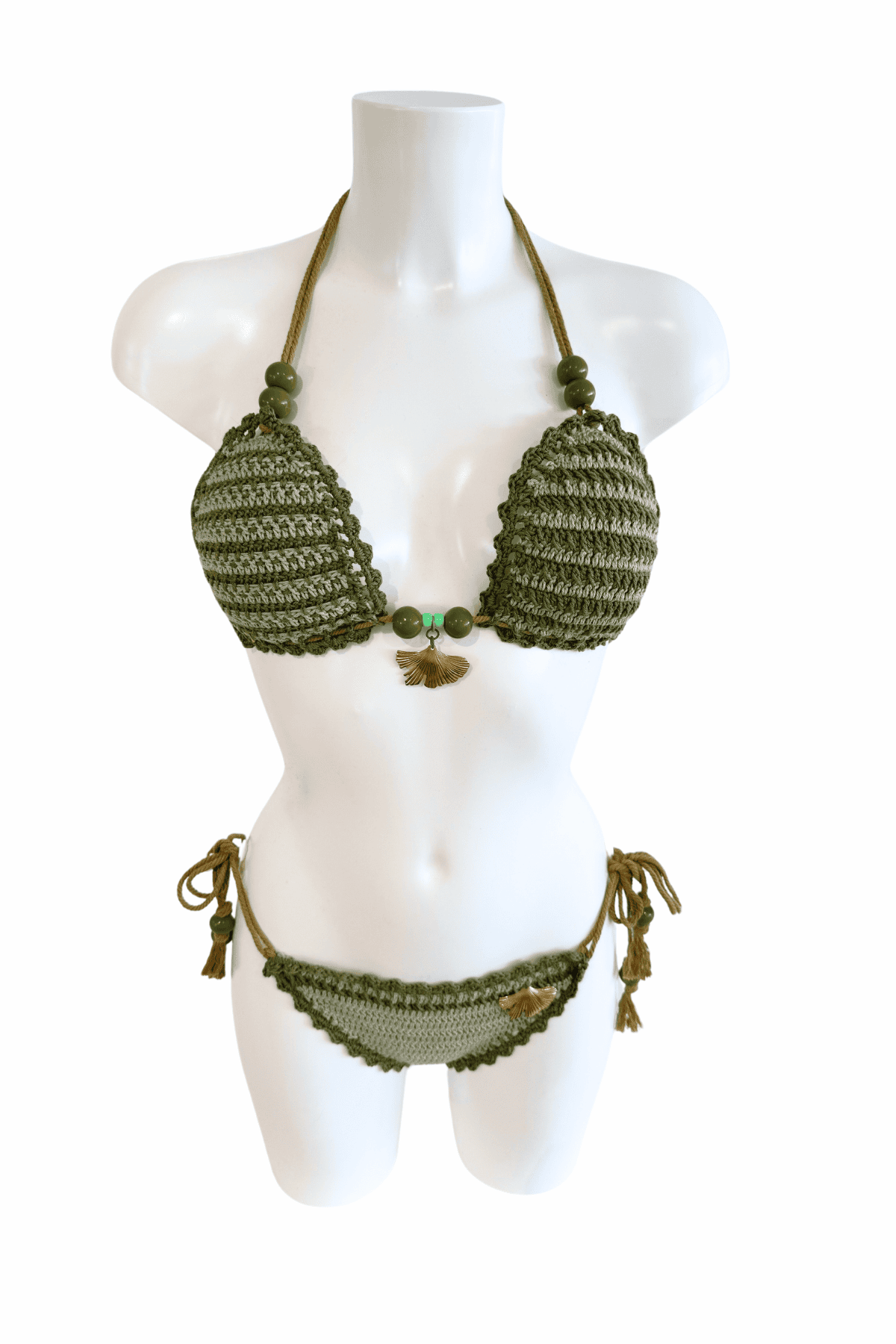 Green Striped luxury crochet bikini, designed and handmade in Switzerland by RA LIVING – exclusive designer beachwear and swimwear for a stylish summer look.