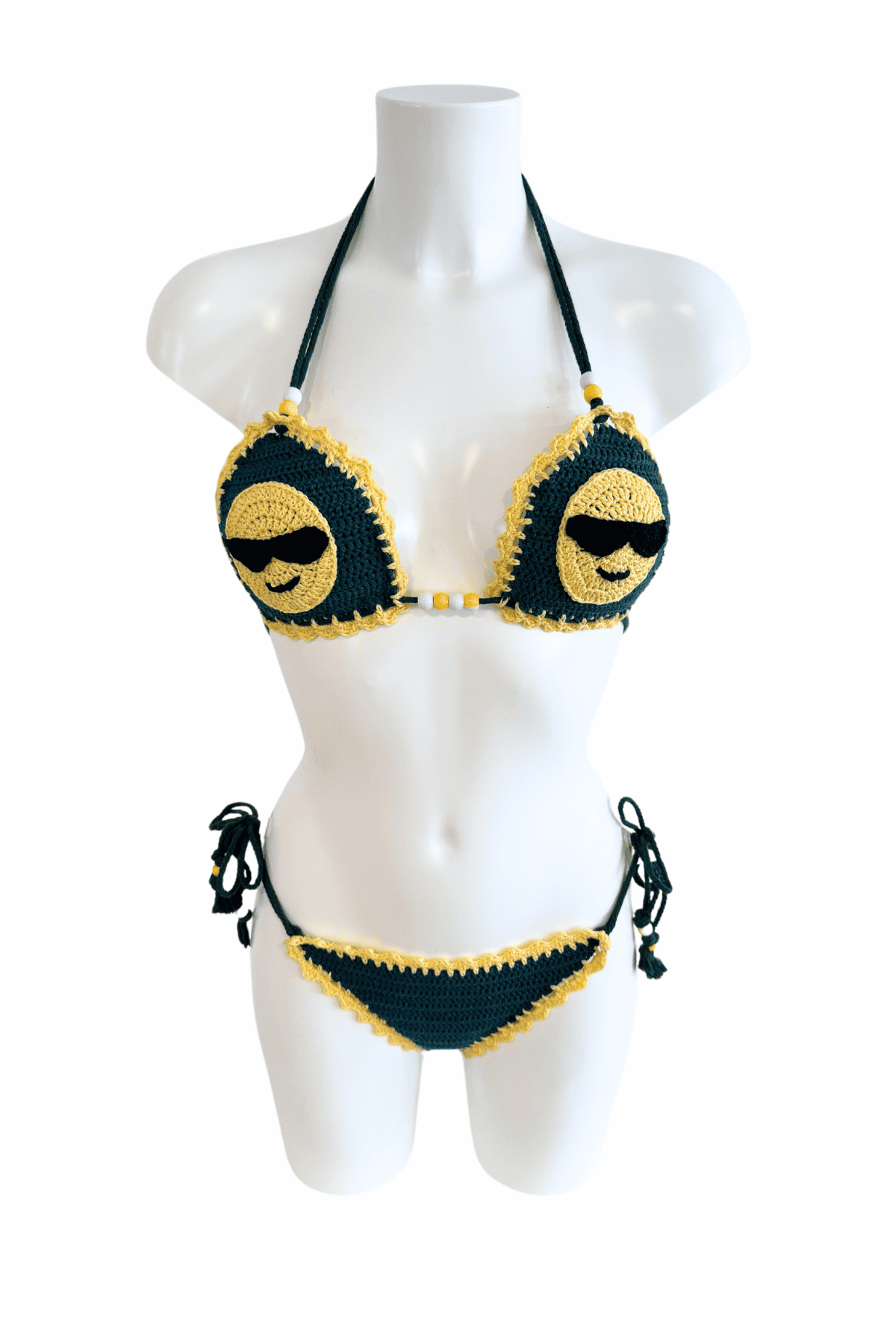 Cool Emoji luxury crochet bikini, designed and handmade in Switzerland by RA LIVING – exclusive designer beachwear and swimwear for a stylish summer look.