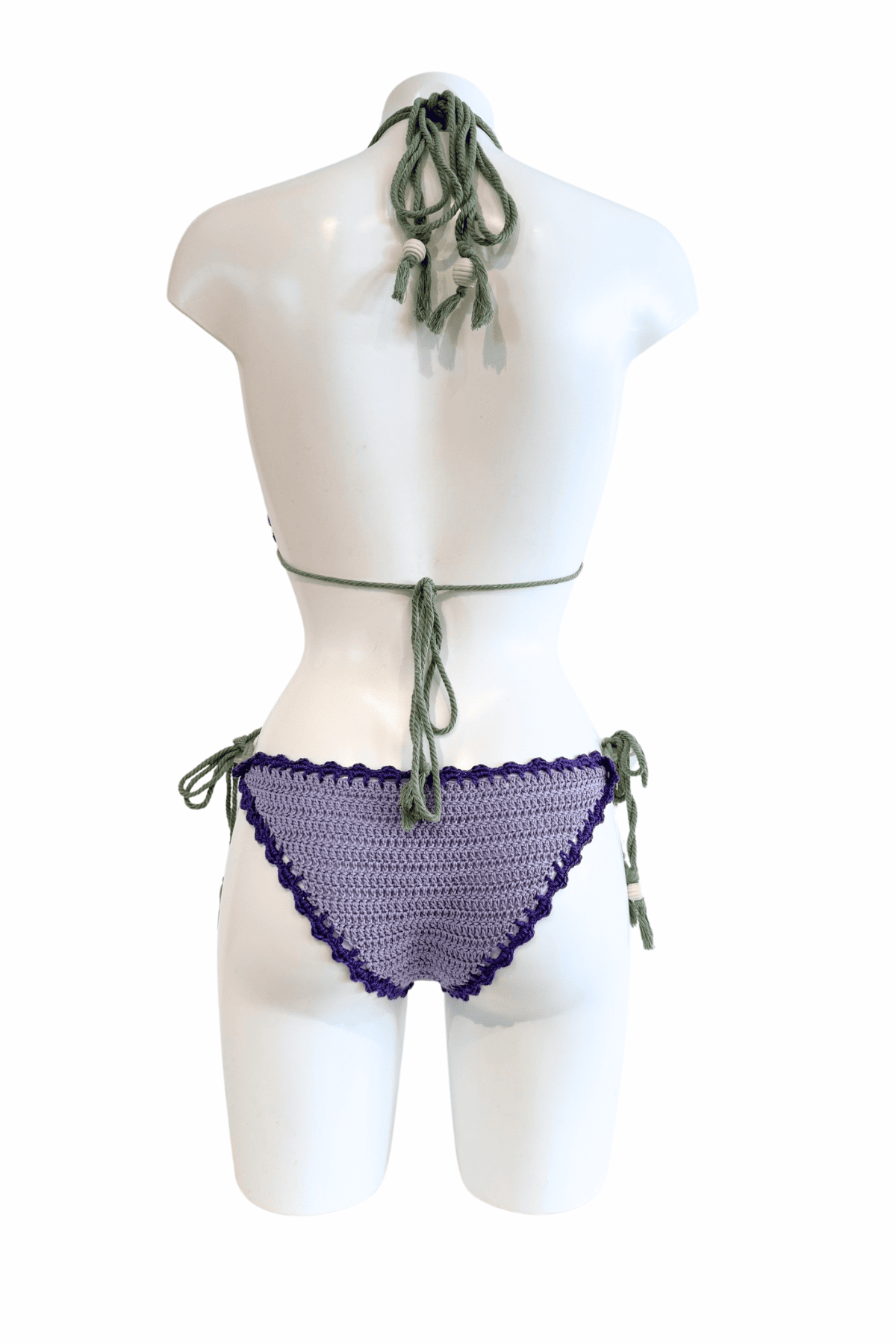 Lavender luxury crochet bikini, designed and handmade in Switzerland by RA LIVING – exclusive designer beachwear and swimwear for a stylish summer look.