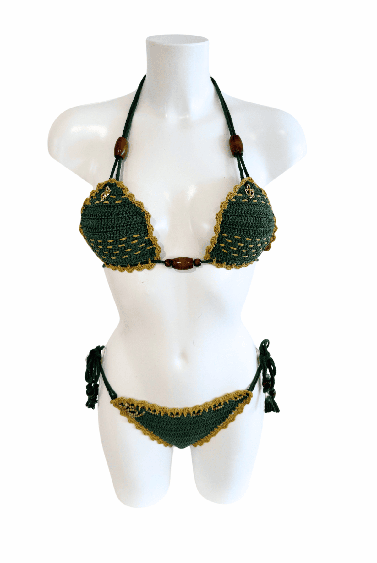 Olive luxury crochet bikini, designed and handmade in Switzerland by RA LIVING – exclusive designer beachwear and swimwear for a stylish summer look.