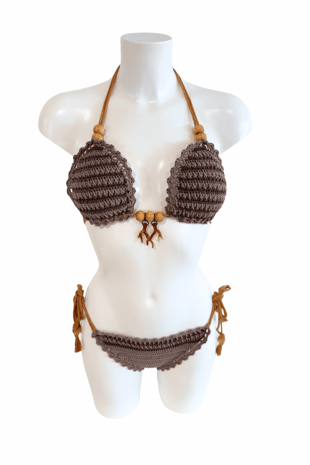 Brown Striped luxury crochet bikini, designed and handmade in Switzerland by RA LIVING – exclusive designer beachwear and swimwear for a stylish summer look.