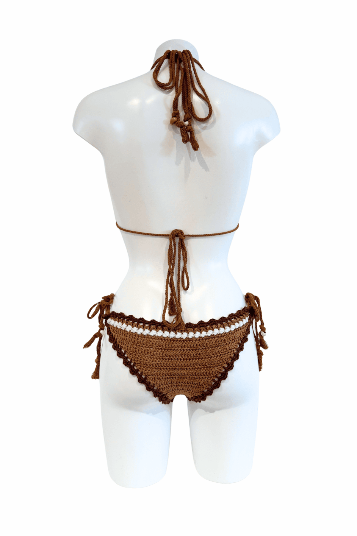 Cappuccino luxury crochet bikini, designed and handmade in Switzerland by RA LIVING – exclusive designer beachwear and swimwear for a stylish summer look.