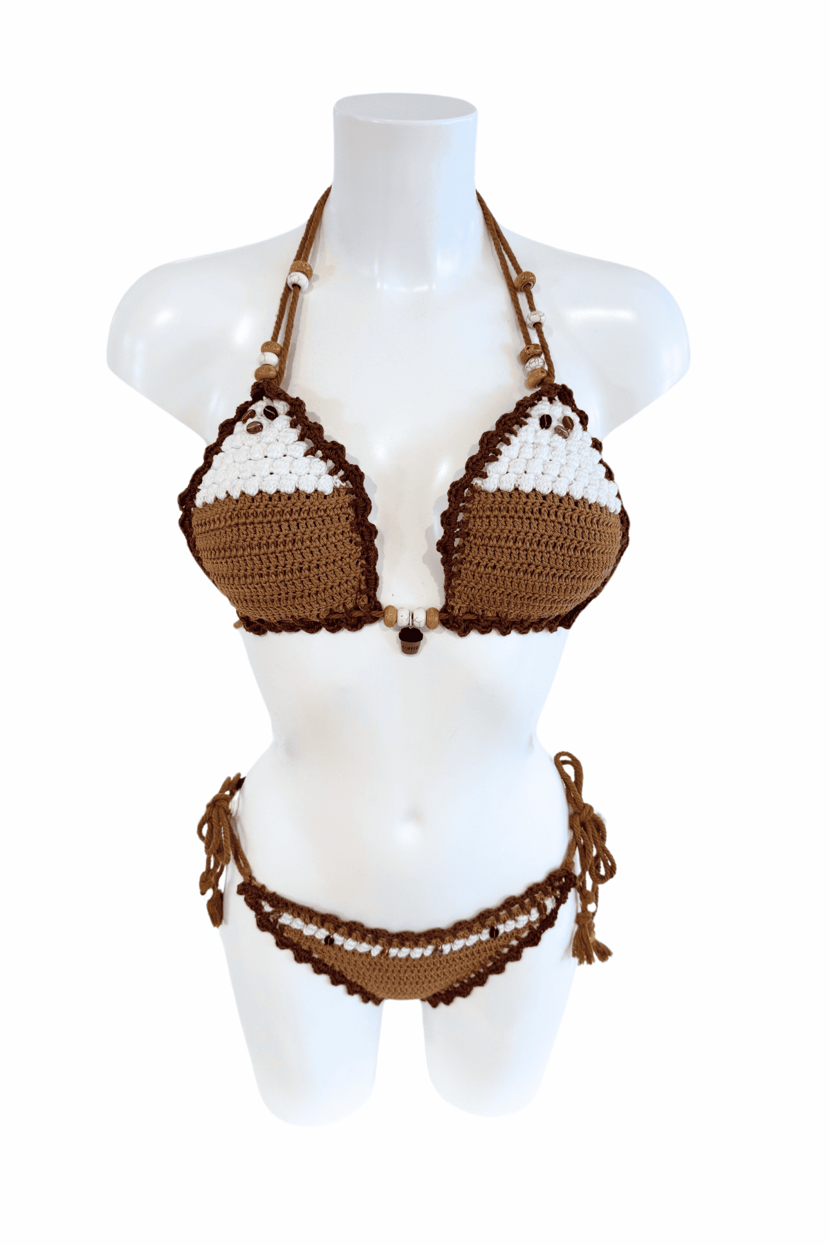 Cappuccino luxury crochet bikini, designed and handmade in Switzerland by RA LIVING – exclusive designer beachwear and swimwear for a stylish summer look.