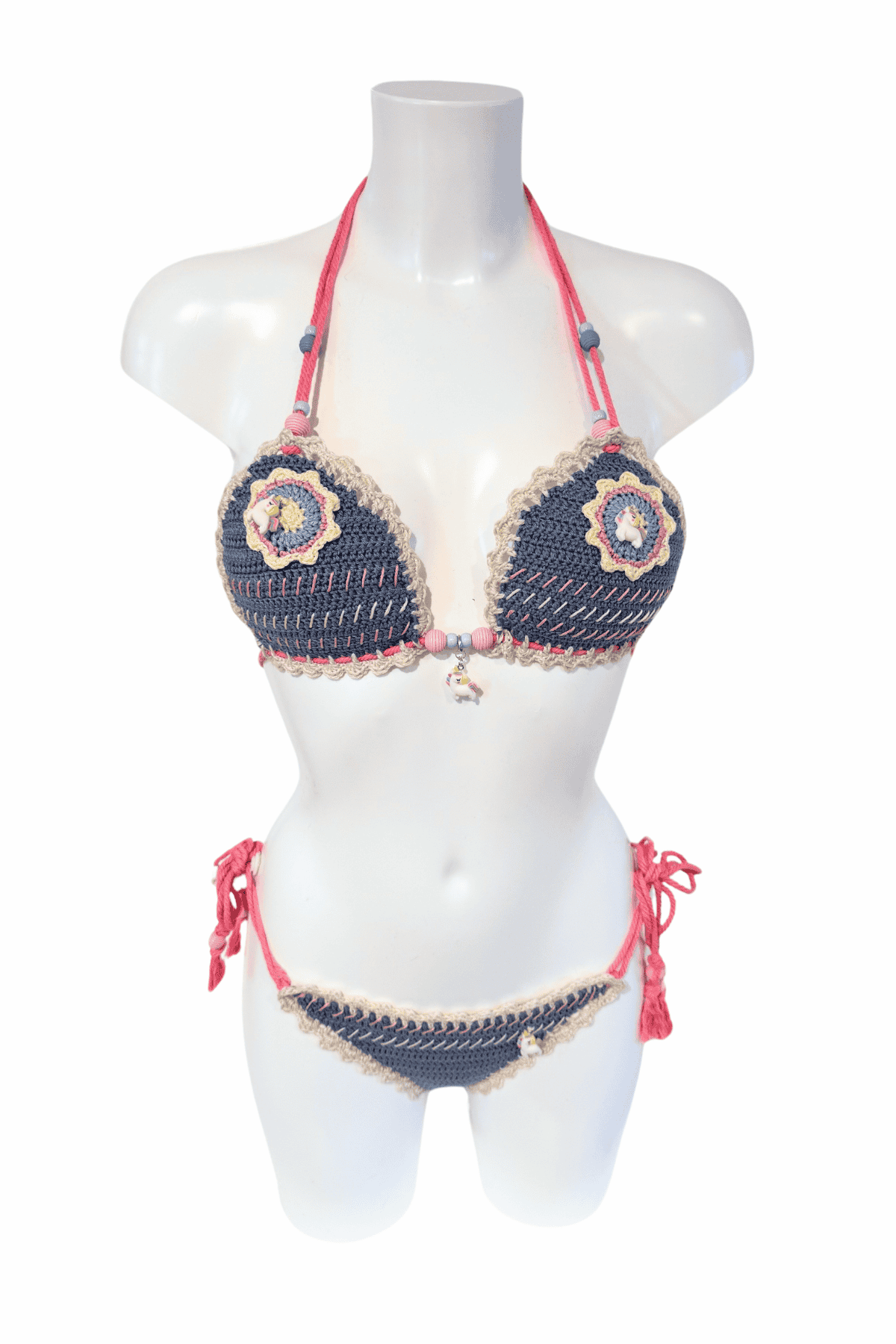 Unicorn luxury crochet bikini, designed and handmade in Switzerland by RA LIVING – exclusive designer beachwear and swimwear for a stylish summer look.