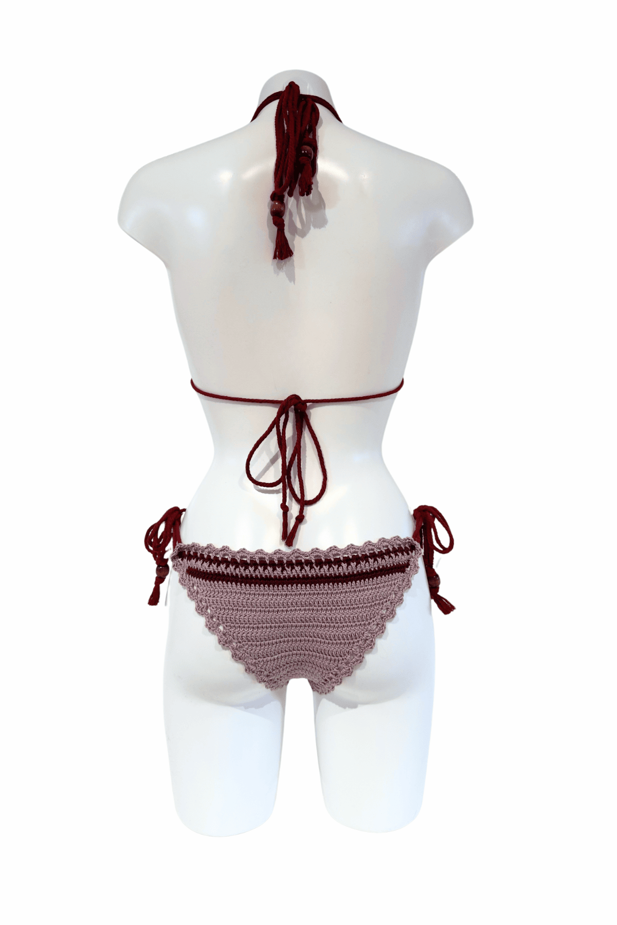 Bordeaux Striped luxury crochet bikini, designed and handmade in Switzerland by RA LIVING – exclusive designer beachwear and swimwear for a stylish summer look.