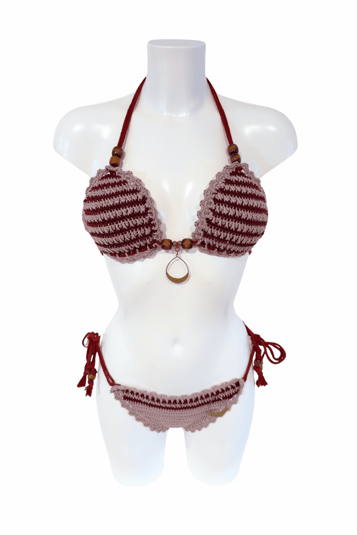 Bordeaux Striped luxury crochet bikini, designed and handmade in Switzerland by RA LIVING – exclusive designer beachwear and swimwear for a stylish summer look.