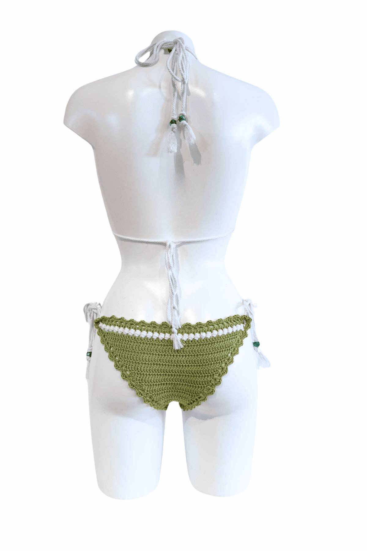 Matcha Latte luxury crochet bikini, designed and handmade in Switzerland by RA LIVING – exclusive designer beachwear and swimwear for a stylish summer look.