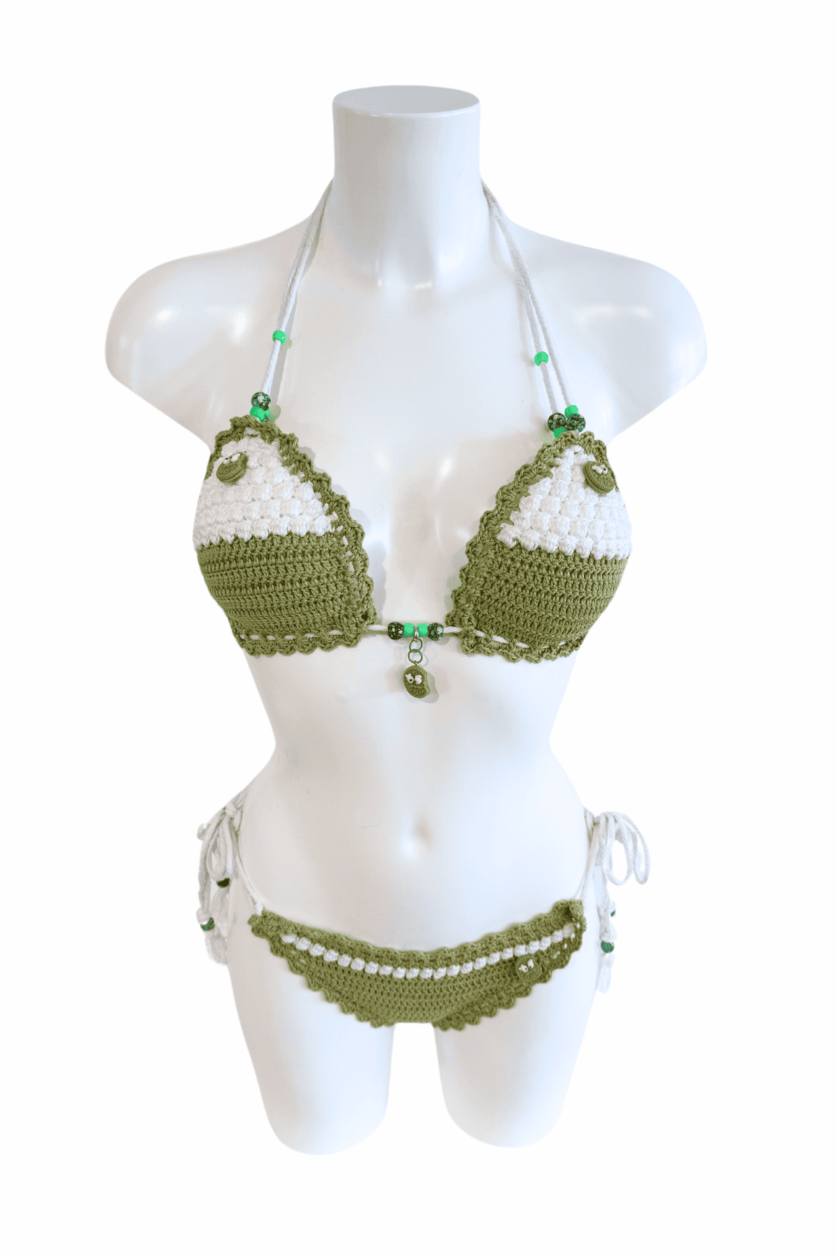 Matcha Latte luxury crochet bikini, designed and handmade in Switzerland by RA LIVING – exclusive designer beachwear and swimwear for a stylish summer look.