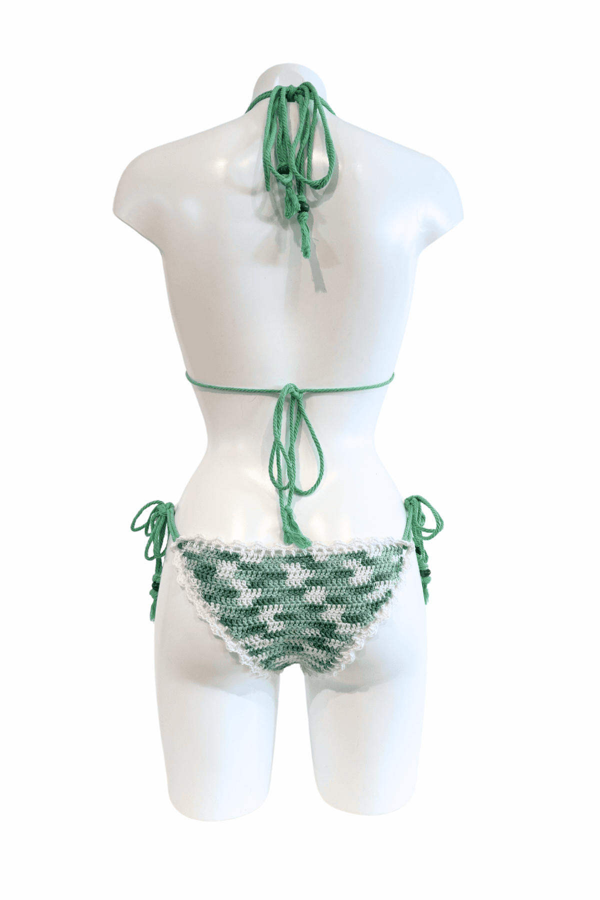 Mint White luxury crochet bikini, designed and handmade in Switzerland by RA LIVING – exclusive designer beachwear and swimwear for a stylish summer look.