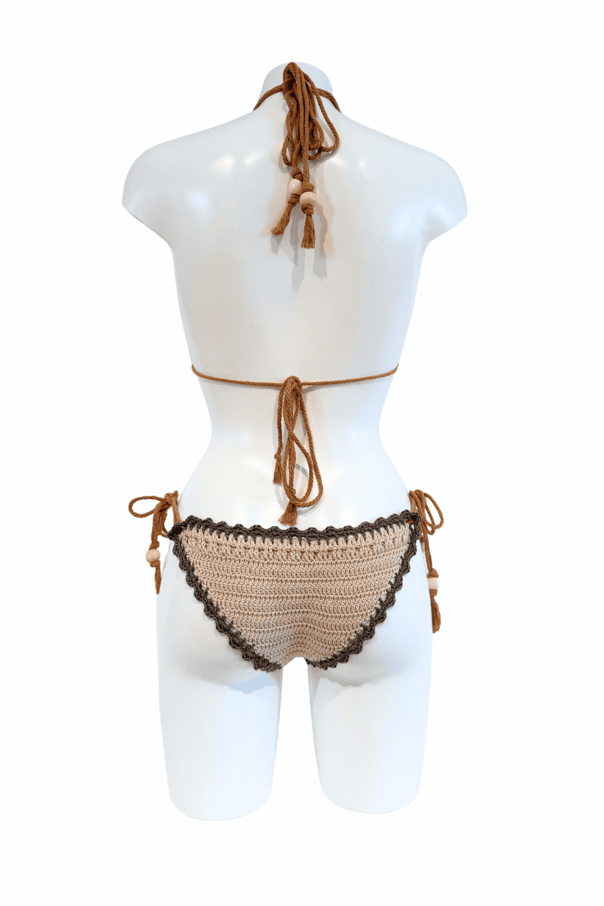 Sand luxury crochet bikini, designed and handmade in Switzerland by RA LIVING – exclusive designer beachwear and swimwear for a stylish summer look.